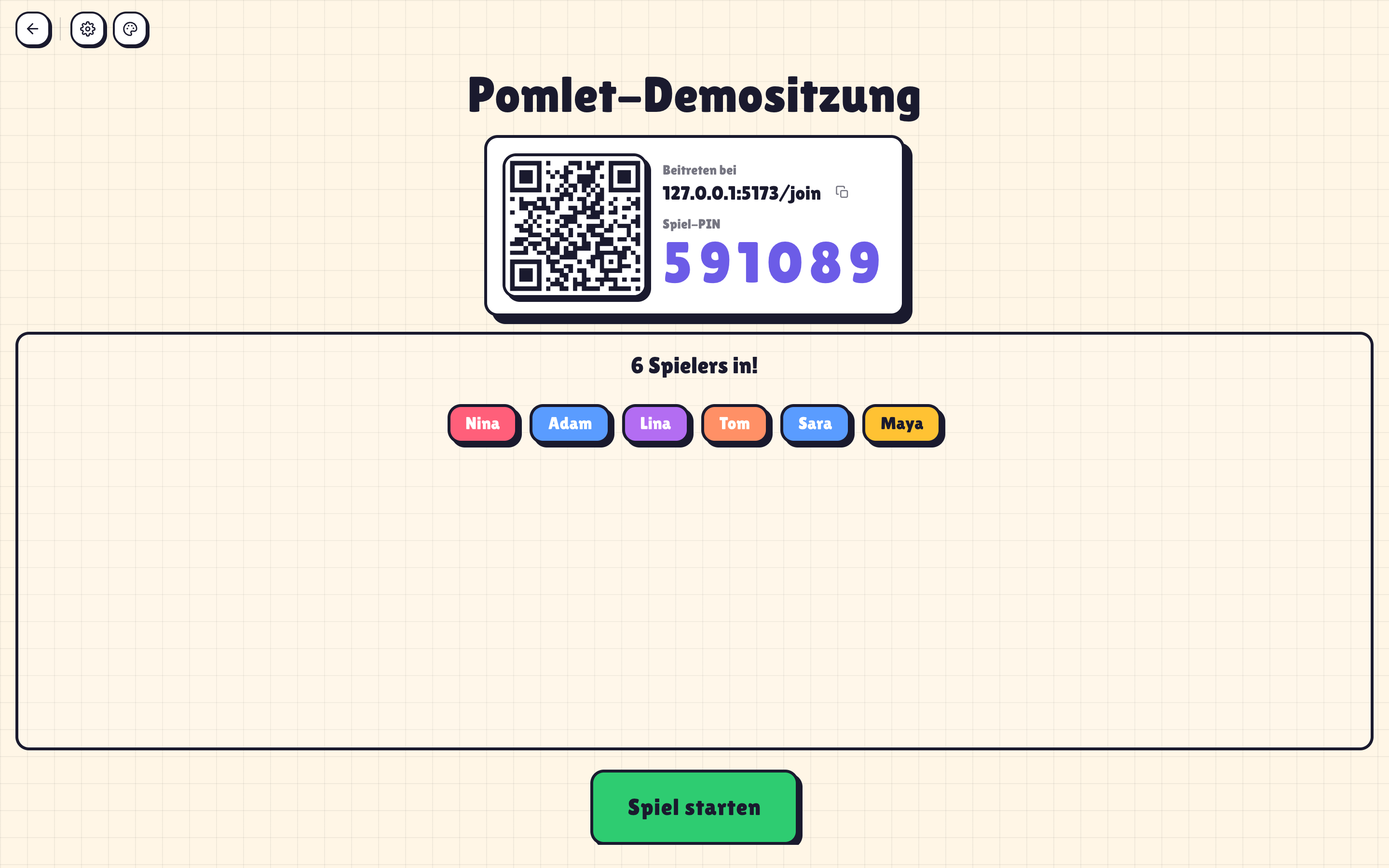 Pomlet-Hostlobby mit QR-Code, PIN und wartenden Spielern