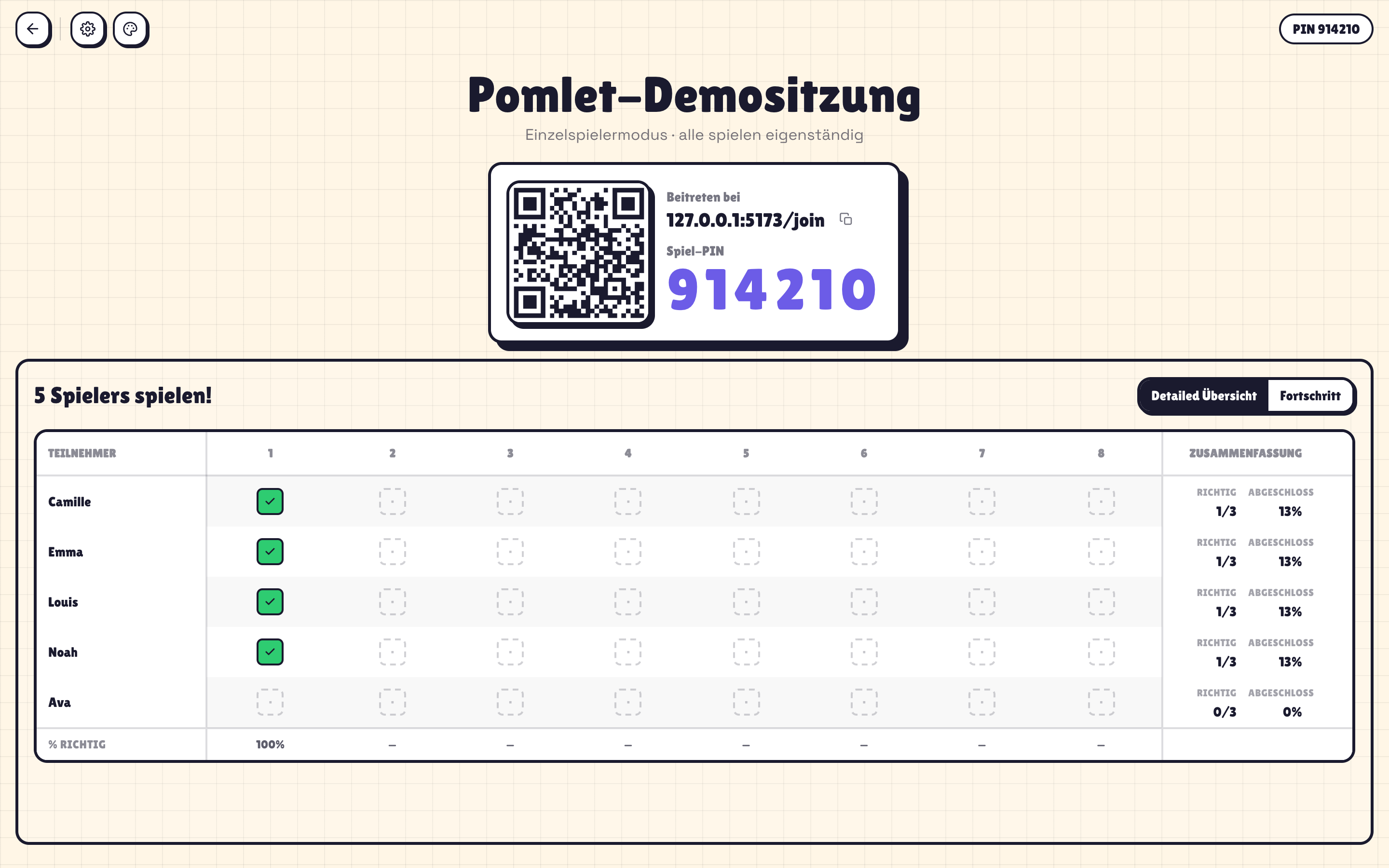 Pomlet-Hostdashboard im Übungsmodus mit Spielerfortschritt
