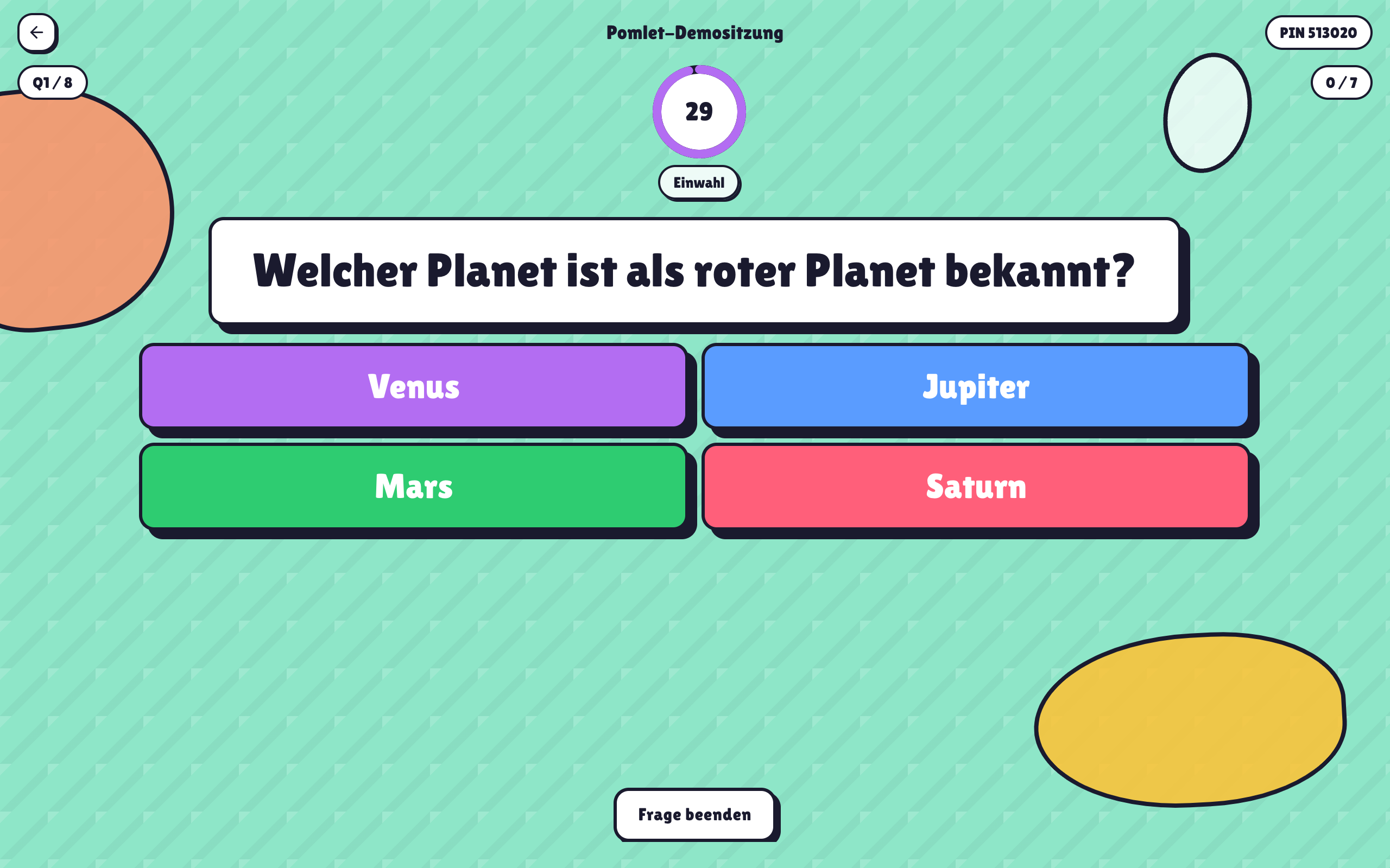 Pomlet-Hostansicht während einer Live-Frage mit Timer und Antwortoptionen