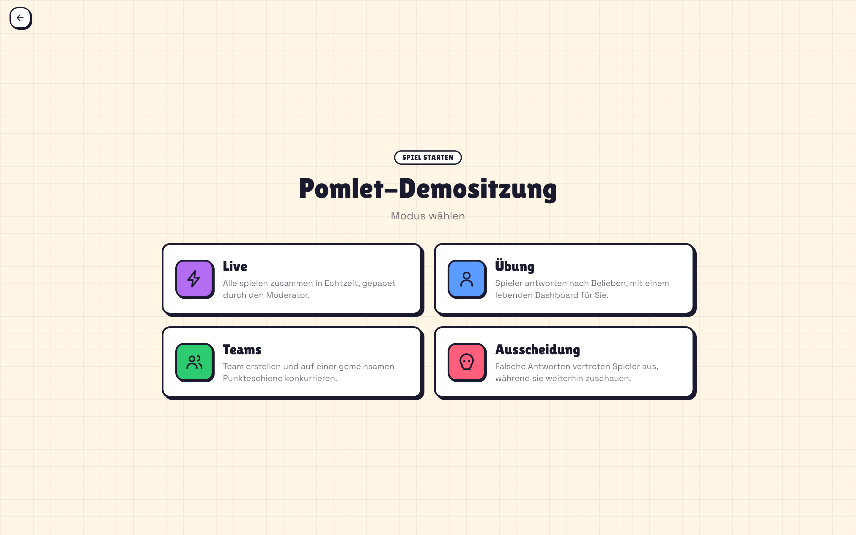 Pomlet-Auswahl der Spielmodi mit Live, Übung, Teams und Eliminierung