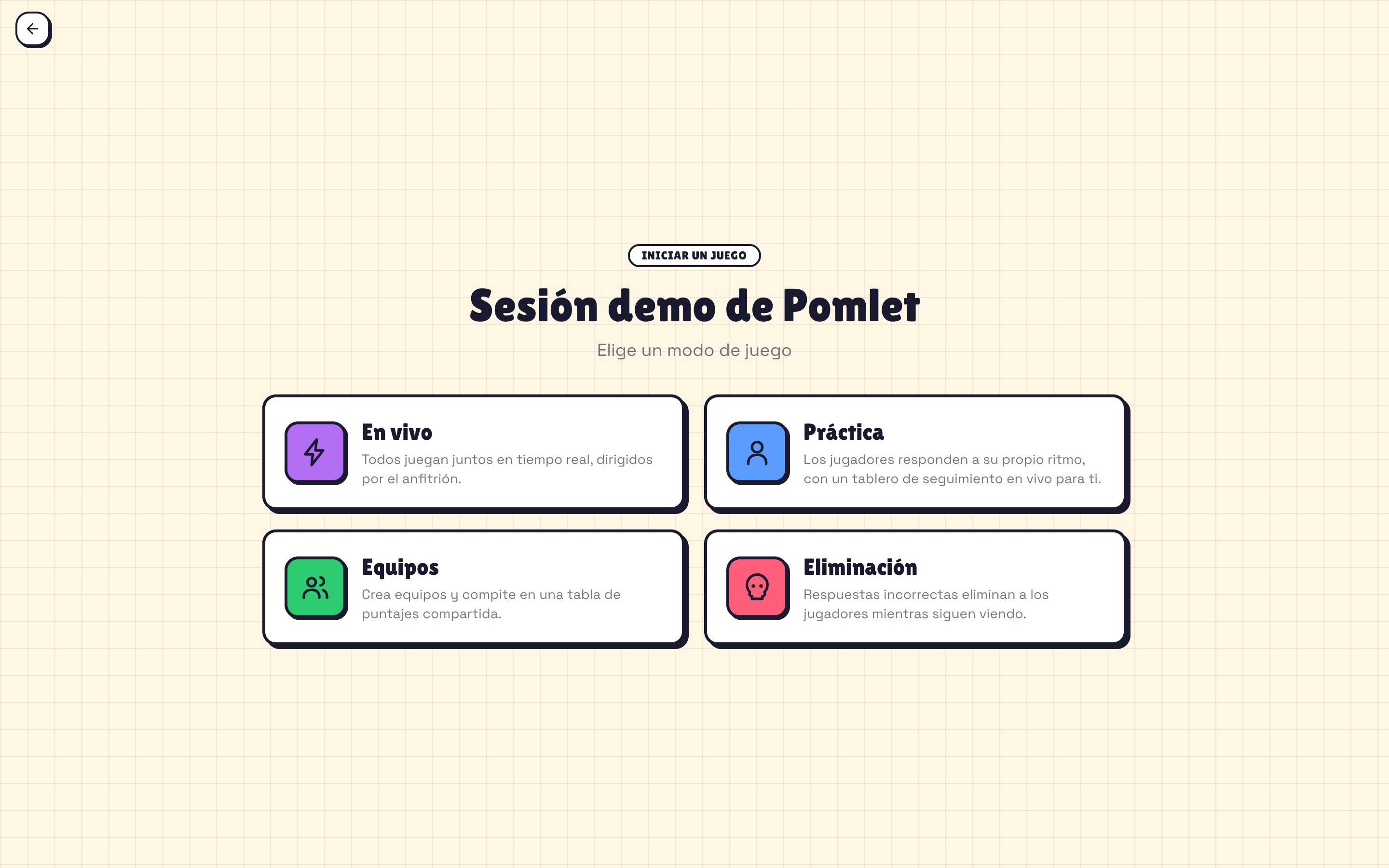 Selector de modo de juego de Pomlet con Directo, Práctica, Equipos y Eliminación