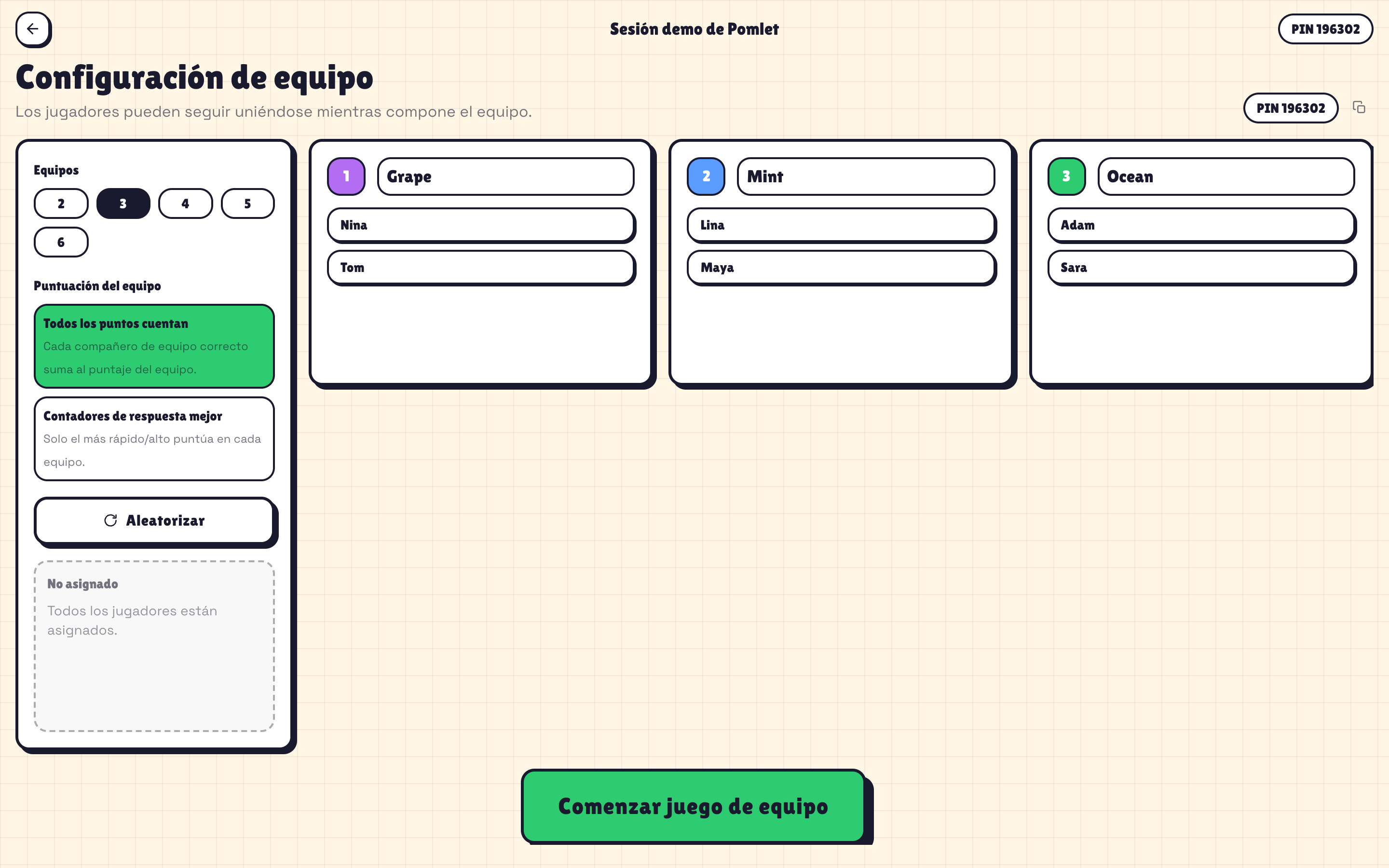 Configuración del modo equipos de Pomlet con jugadores agrupados por equipo