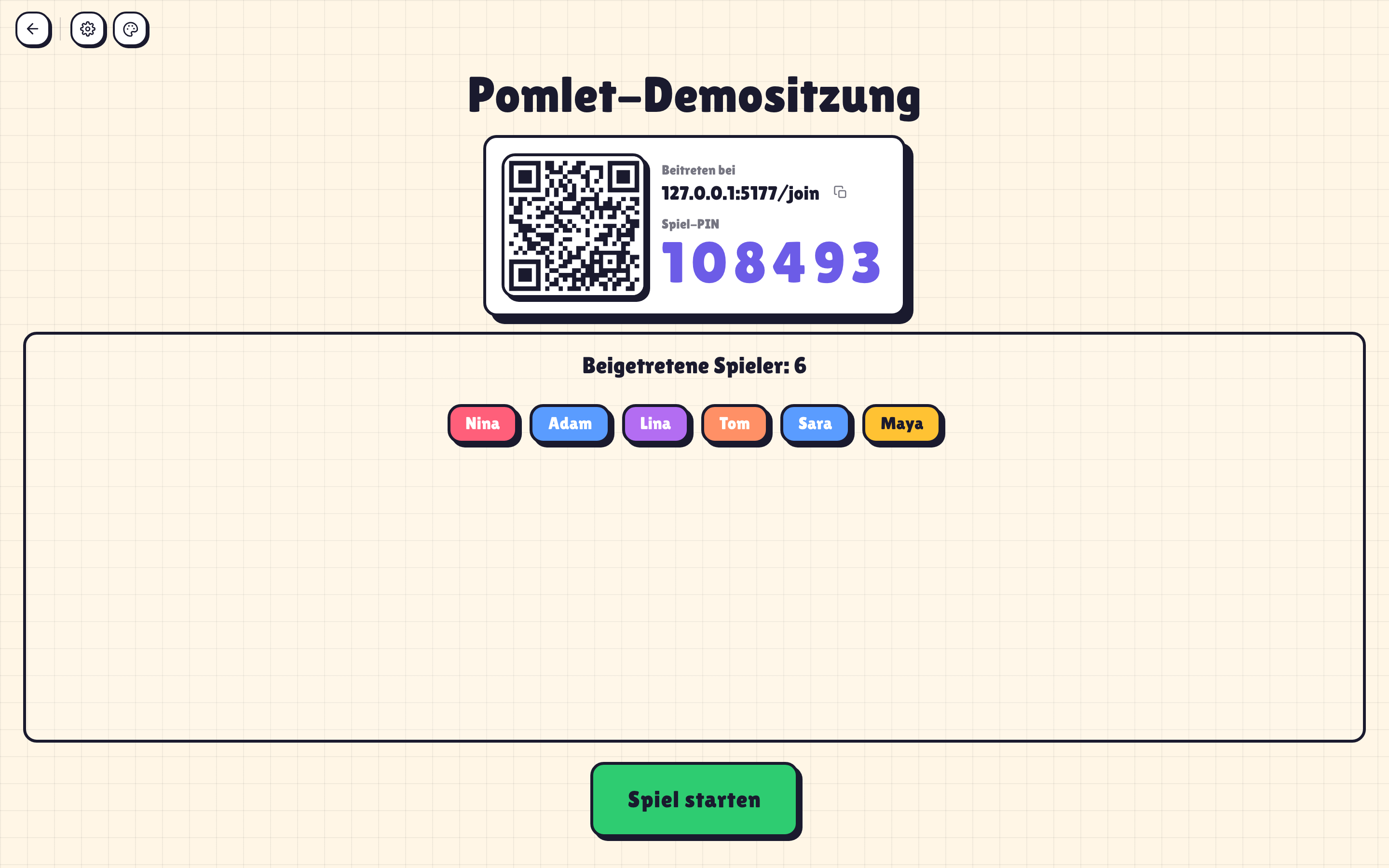 Pomlet-Hostlobby mit QR-Code, PIN und wartenden Spielern