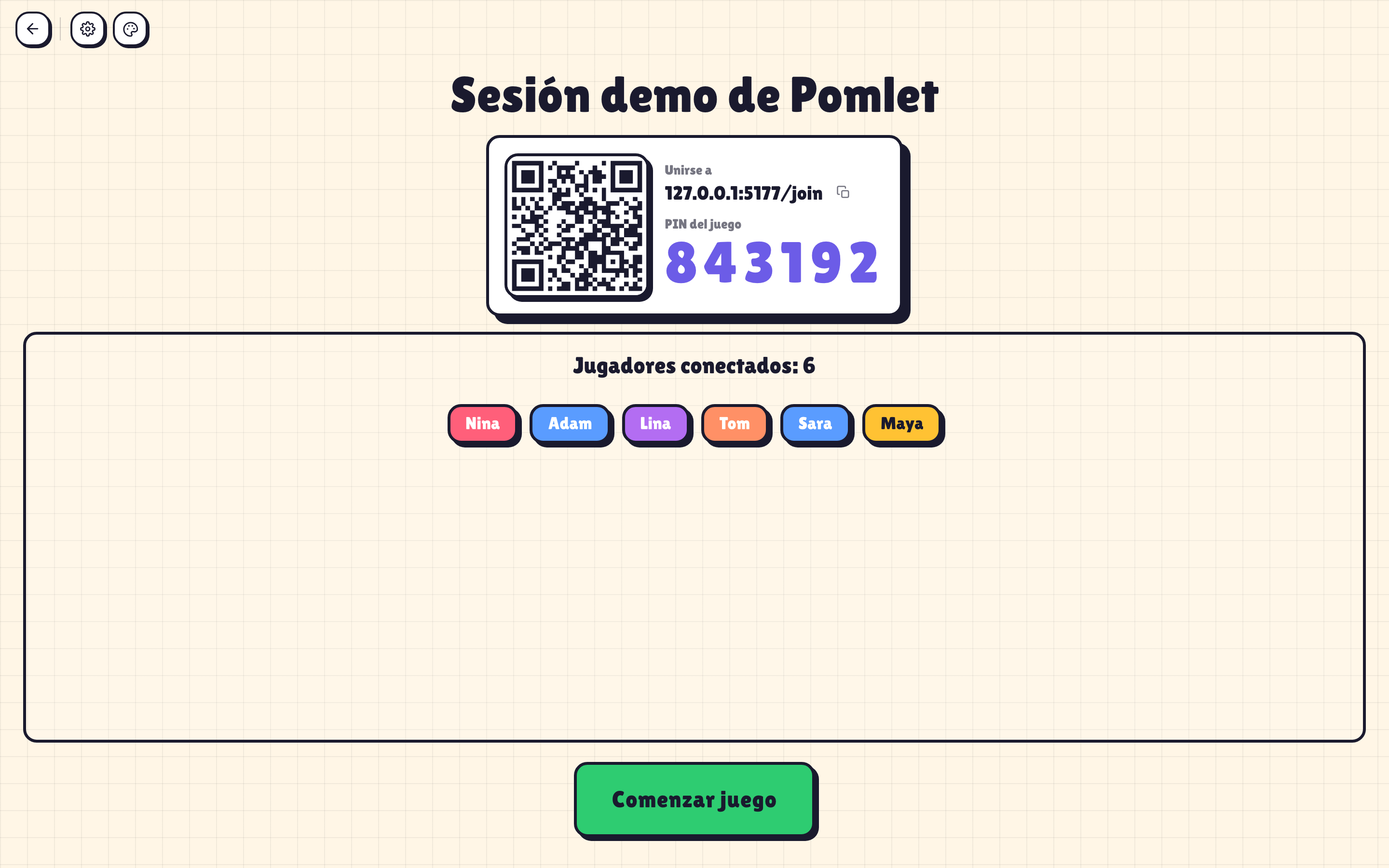 Sala de espera del anfitrión en Pomlet con código QR, PIN y jugadores esperando