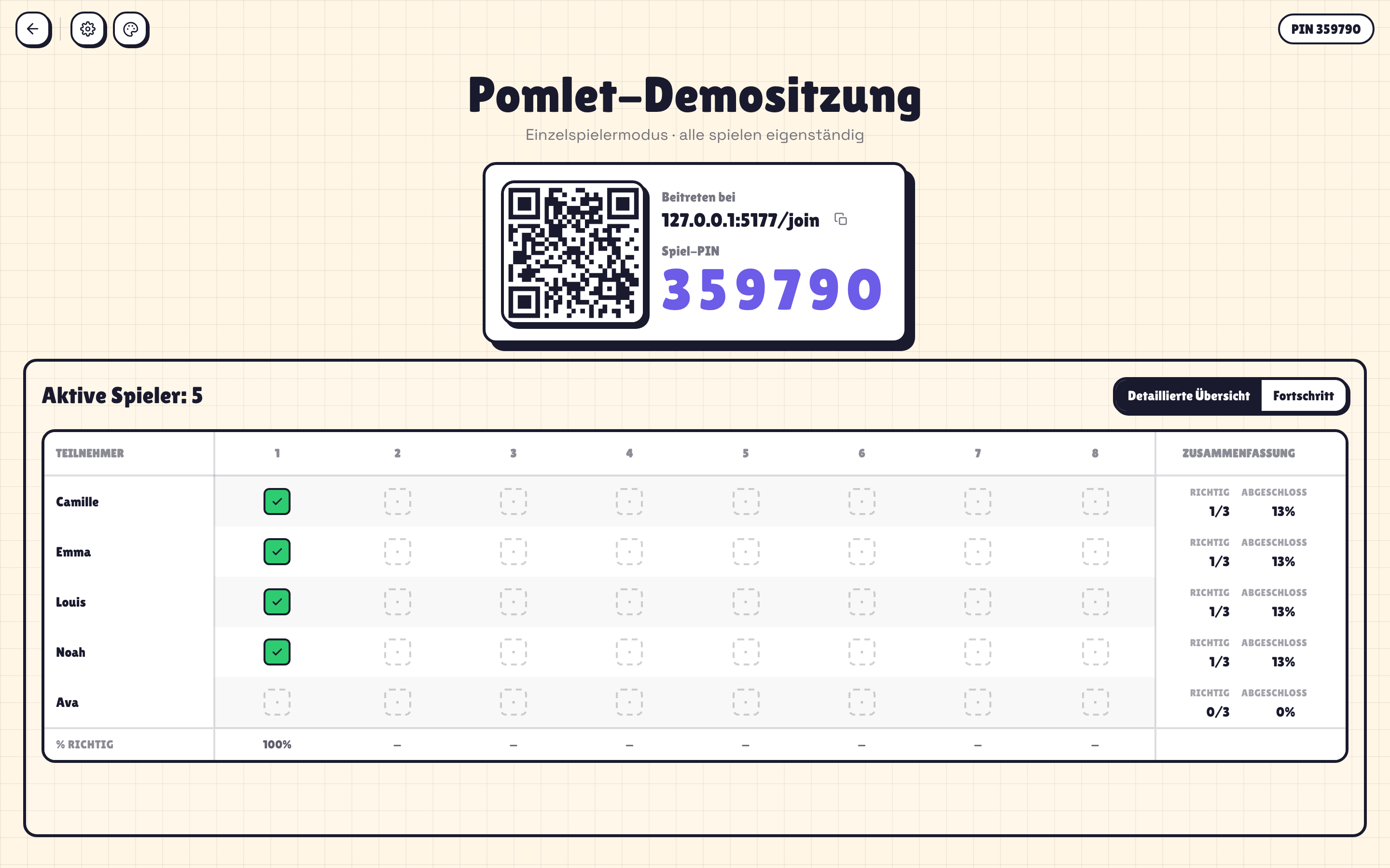 Pomlet-Hostdashboard im Übungsmodus mit Spielerfortschritt