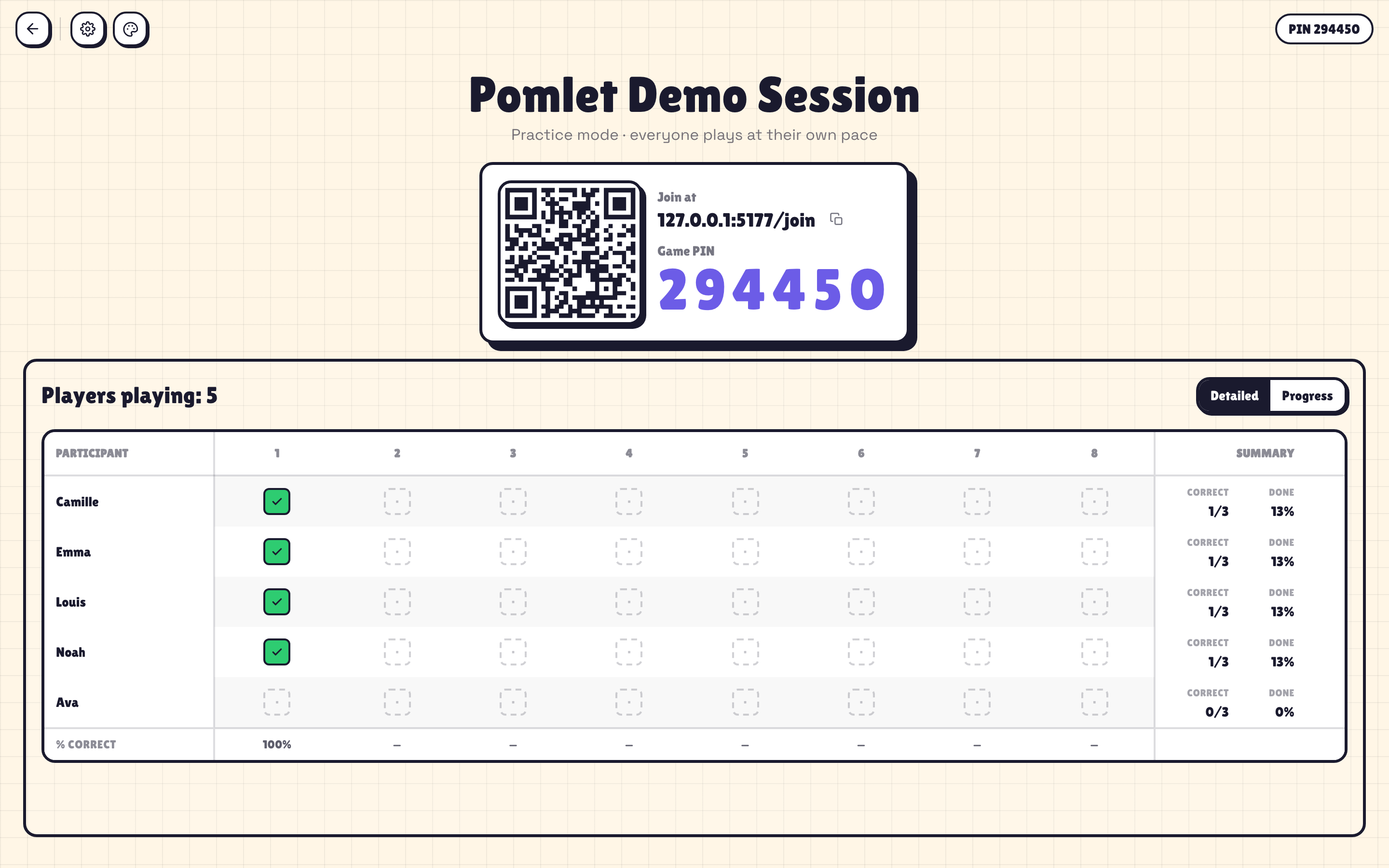 Pomlet practice mode host dashboard with player progress