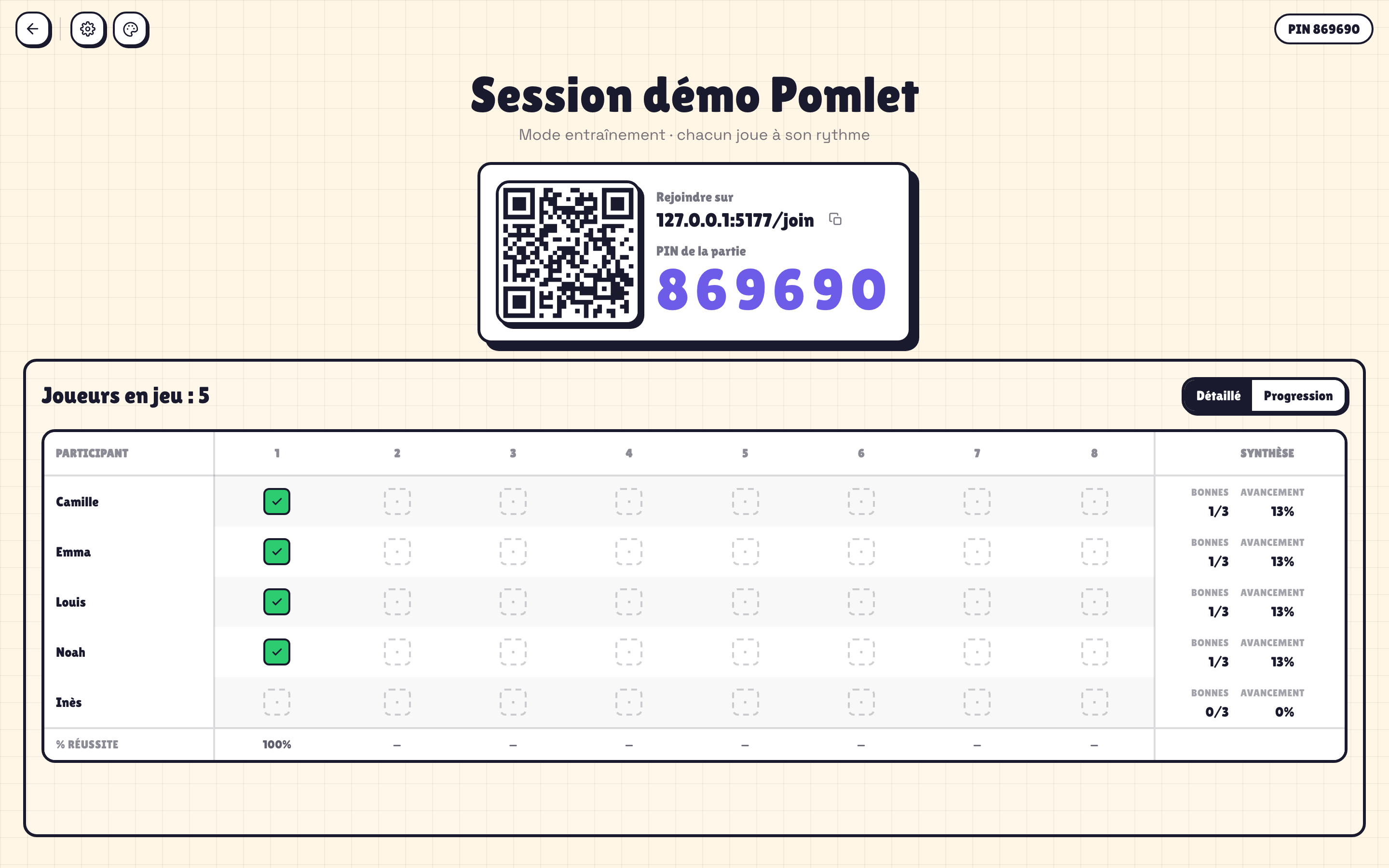Tableau de suivi du mode entraînement Pomlet côté animateur
