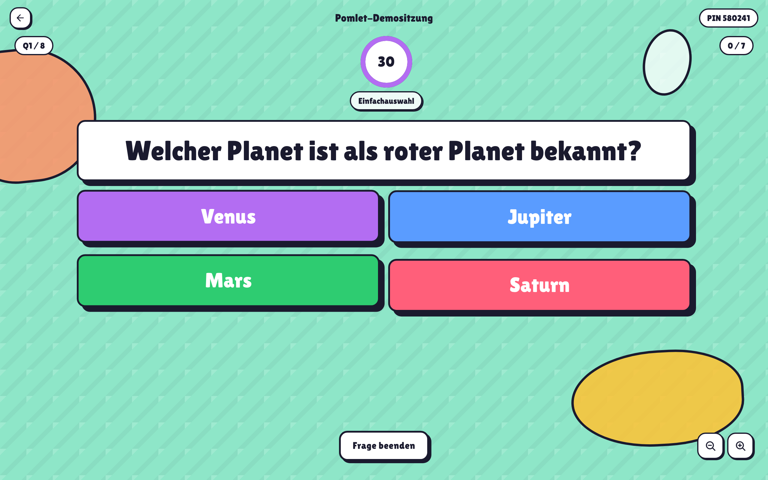 Pomlet-Hostansicht während einer Live-Frage mit Timer und Antwortoptionen