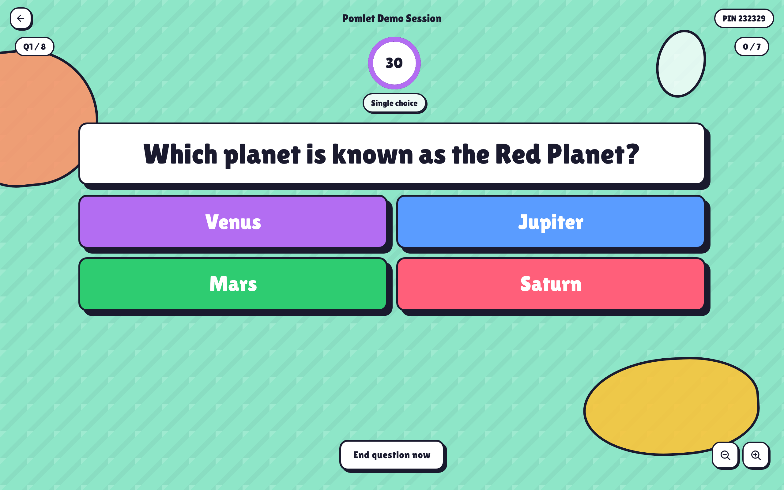 Pomlet live host view during a quiz question with timer and answer options