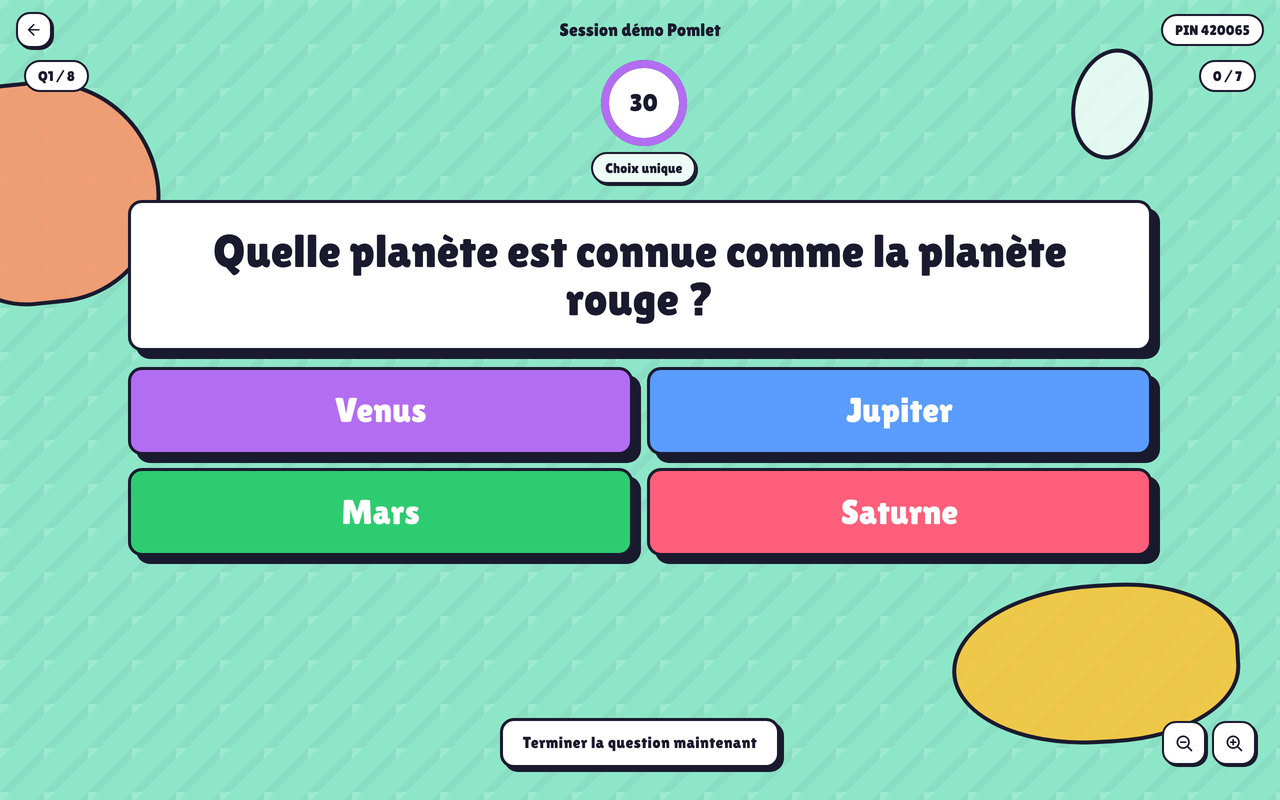 Vue animateur Pomlet pendant une question en direct avec minuteur et réponses