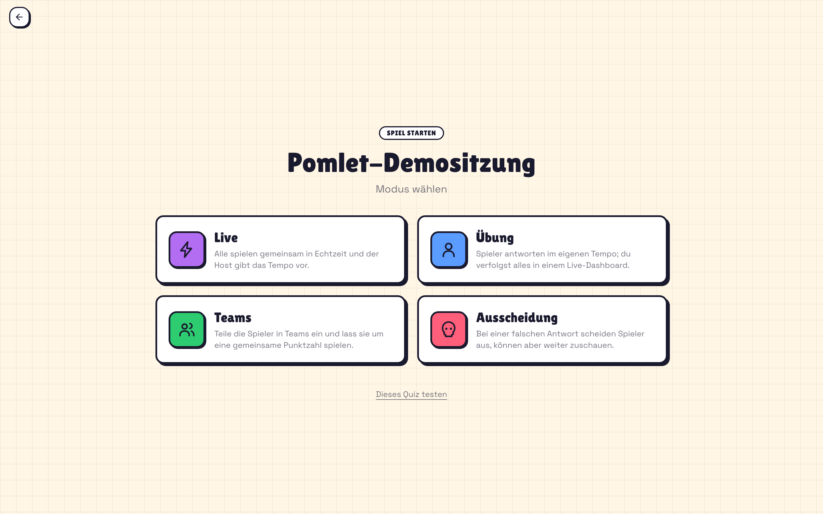 Pomlet-Auswahl der Spielmodi mit Live, Übung, Teams und Eliminierung