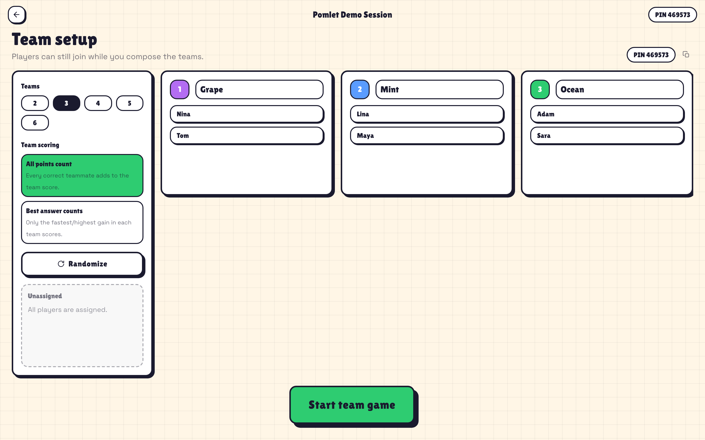 Pomlet teams mode setup with players grouped by team