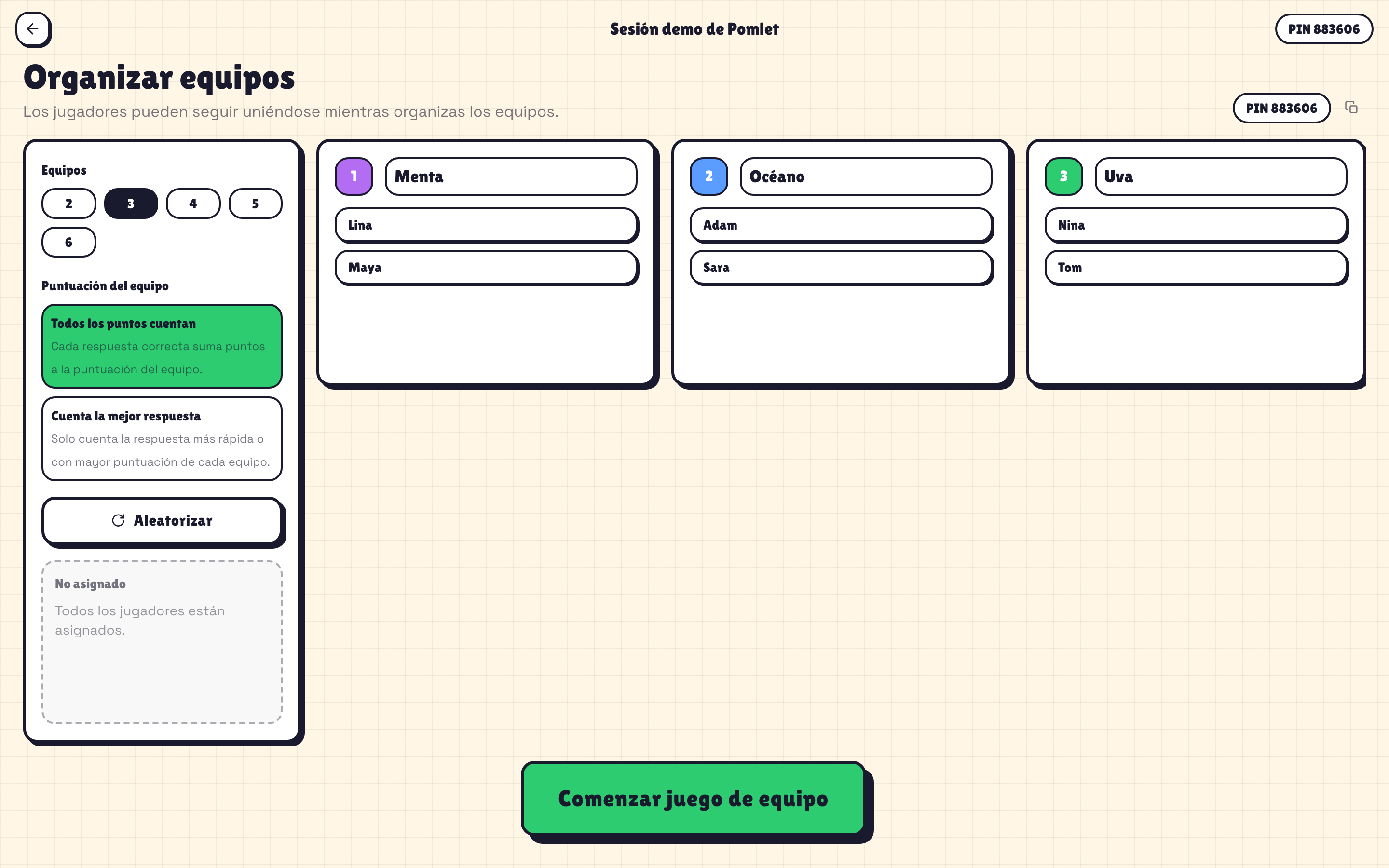 Configuración del modo equipos de Pomlet con jugadores agrupados por equipo