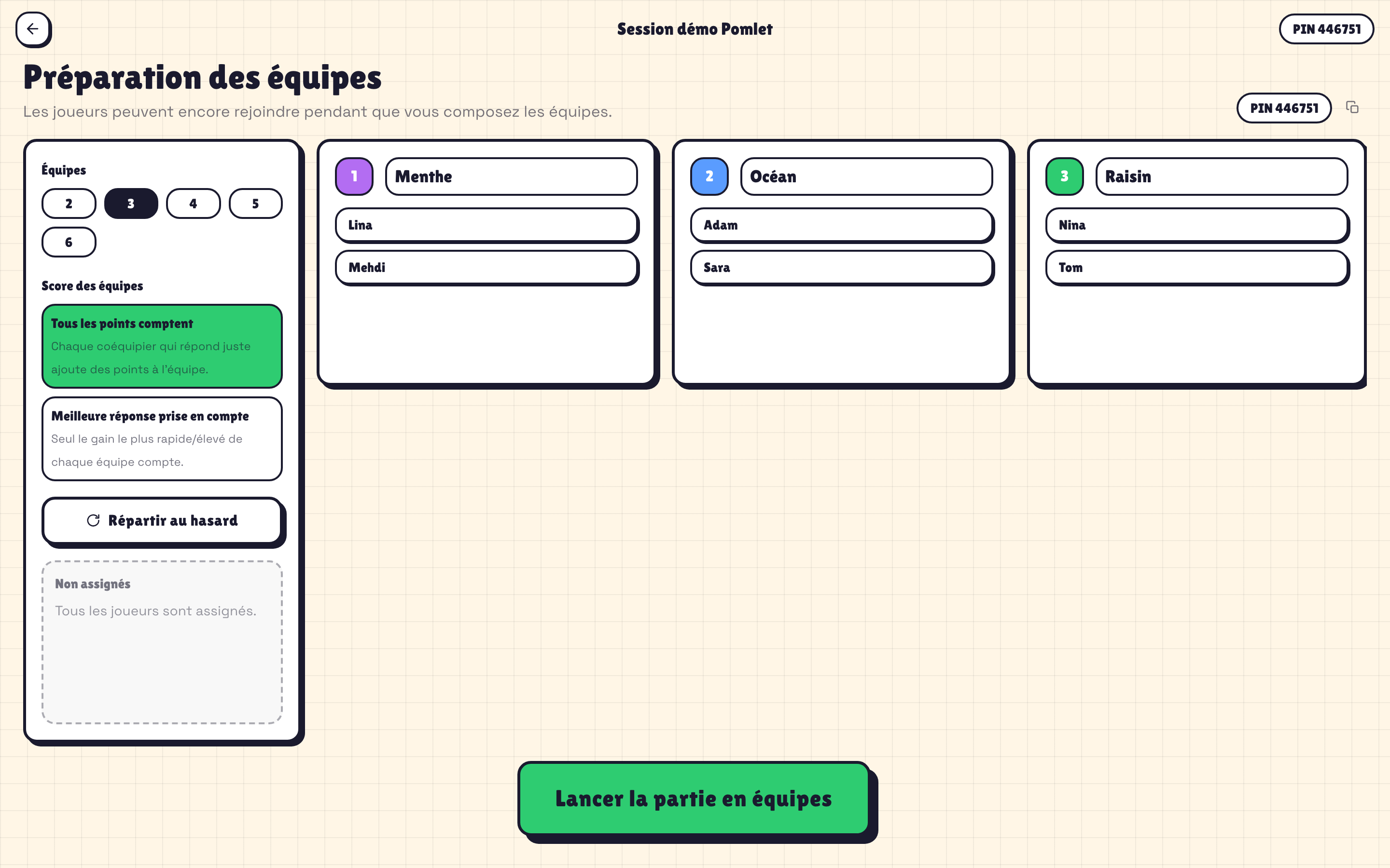 Configuration du mode équipes Pomlet avec joueurs répartis par équipe