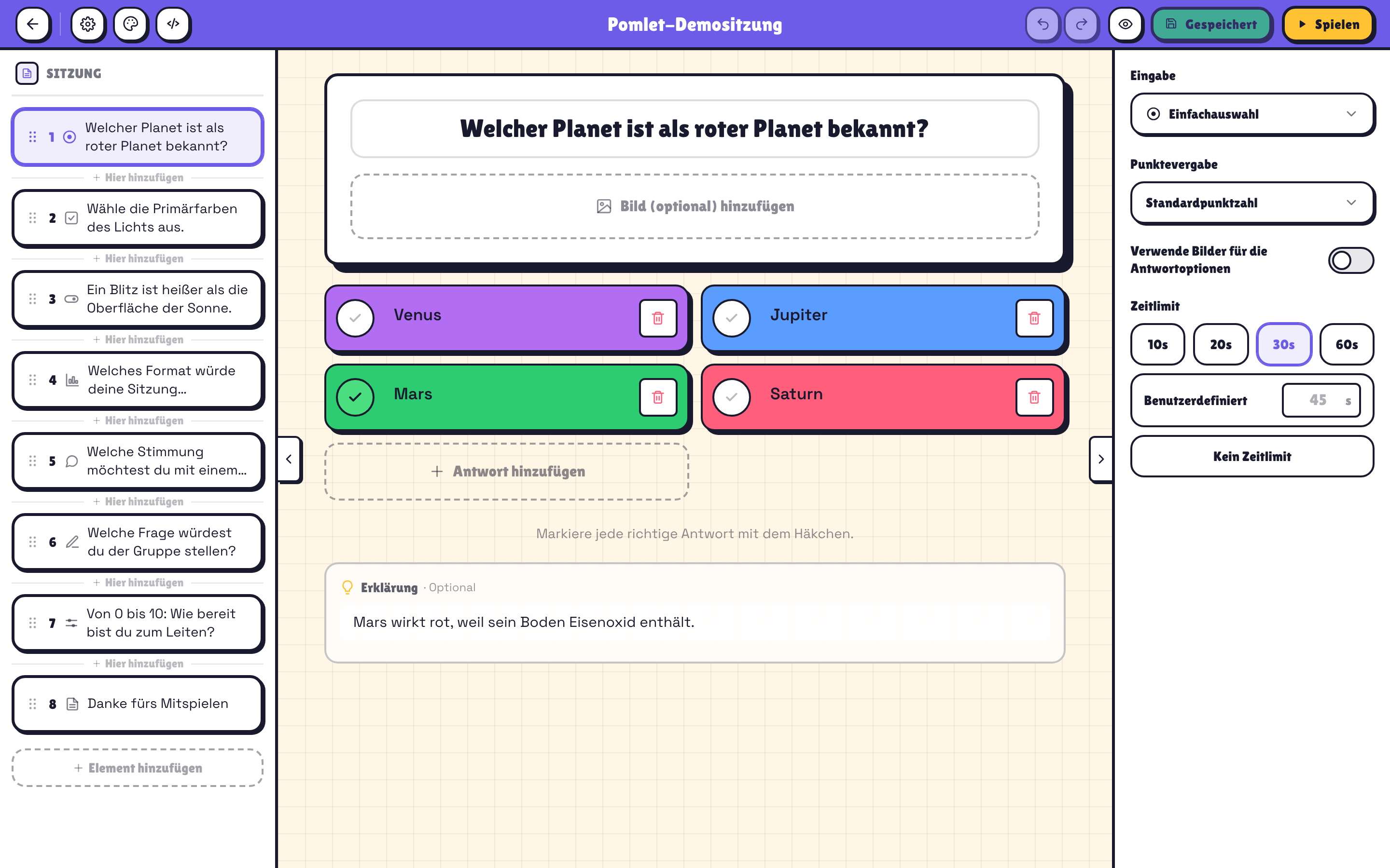Pomlet Session-Editor mit Quizzen, Umfragen, Brainstormings, Folien und Whiteboards
