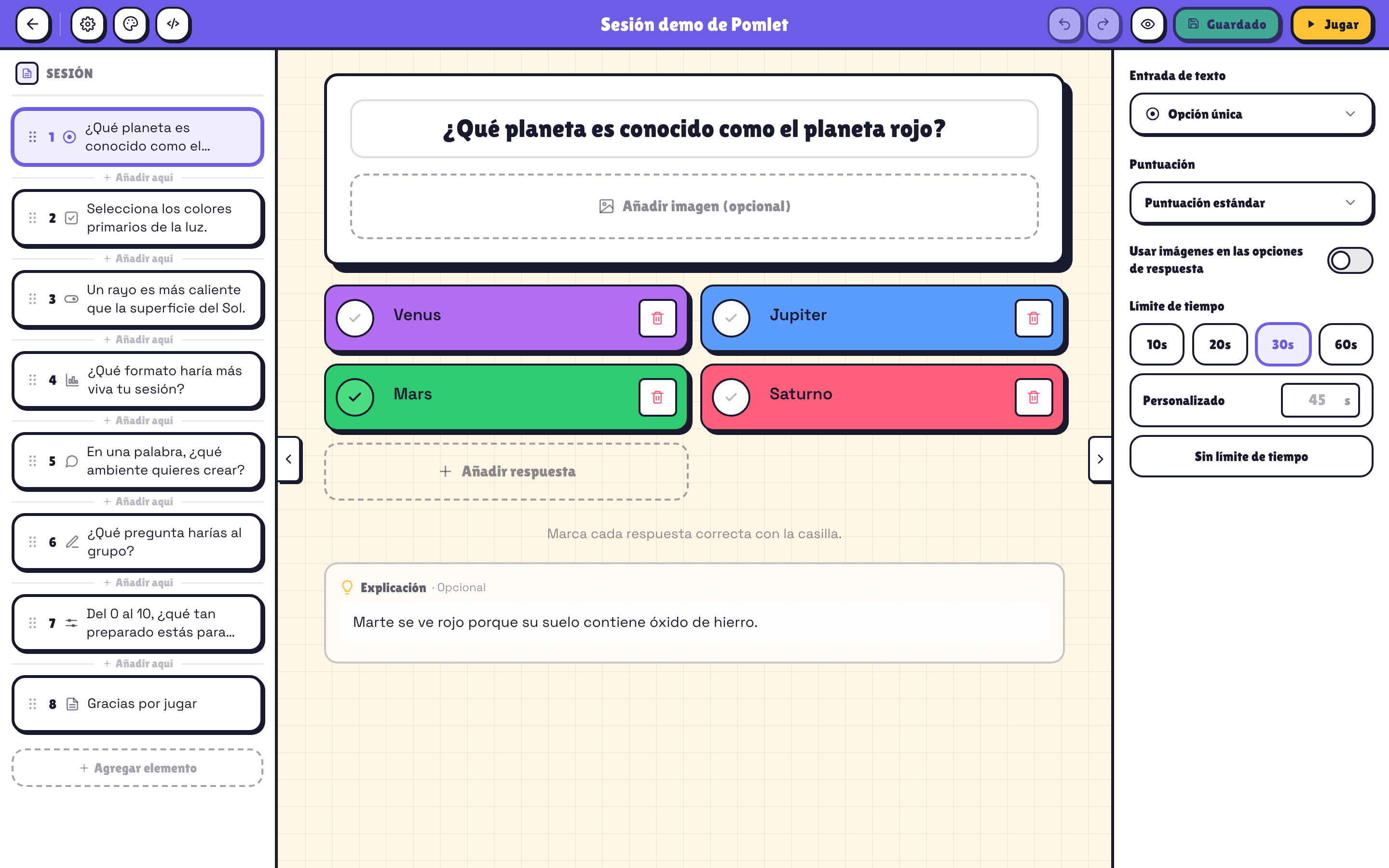 Editor de Sesiones Pomlet con cuestionarios, encuestas, lluvias de ideas, diapositivas y pizarras