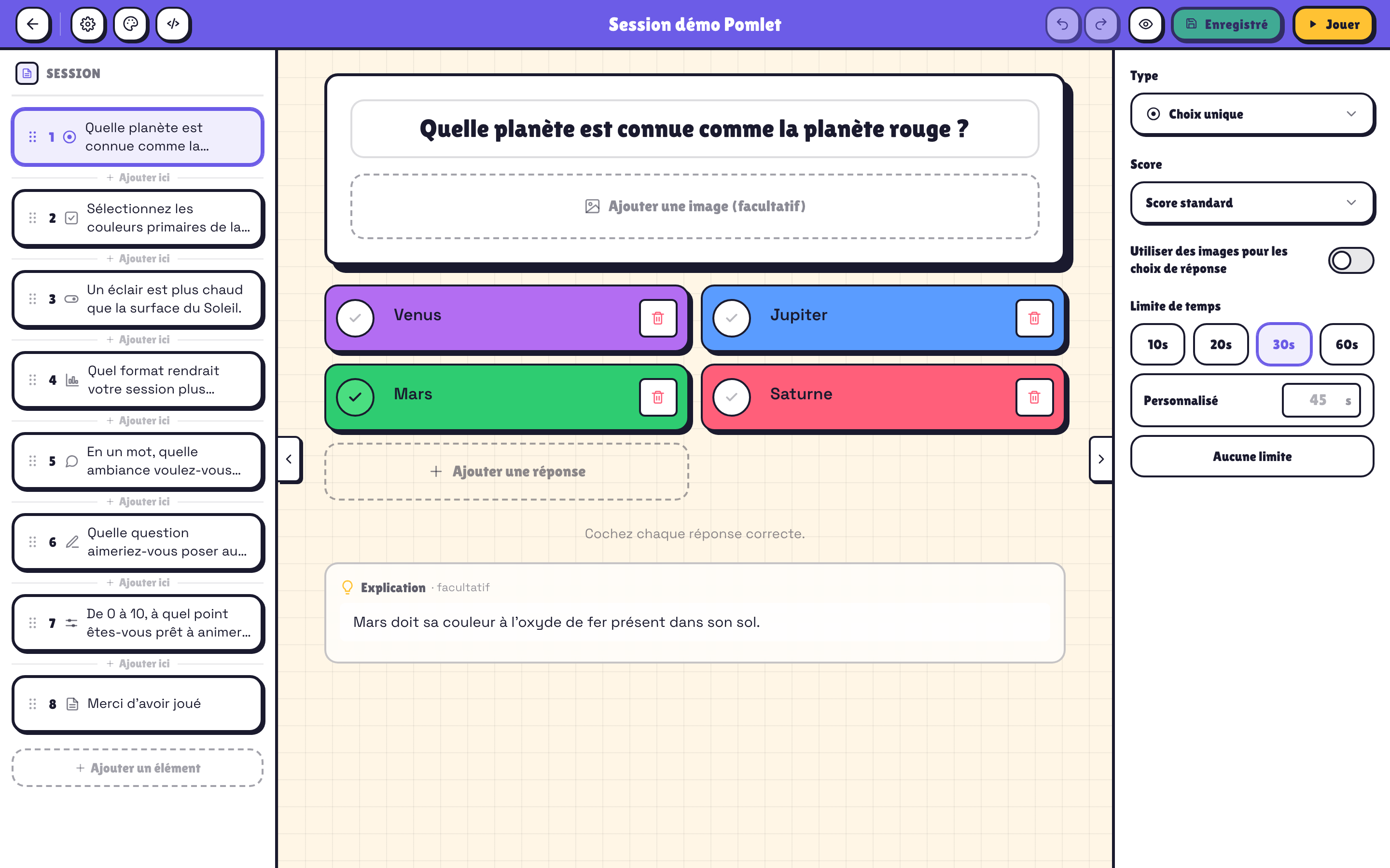 Éditeur de Session Pomlet avec quiz, sondages, brainstormings, diapositives et tableaux blancs
