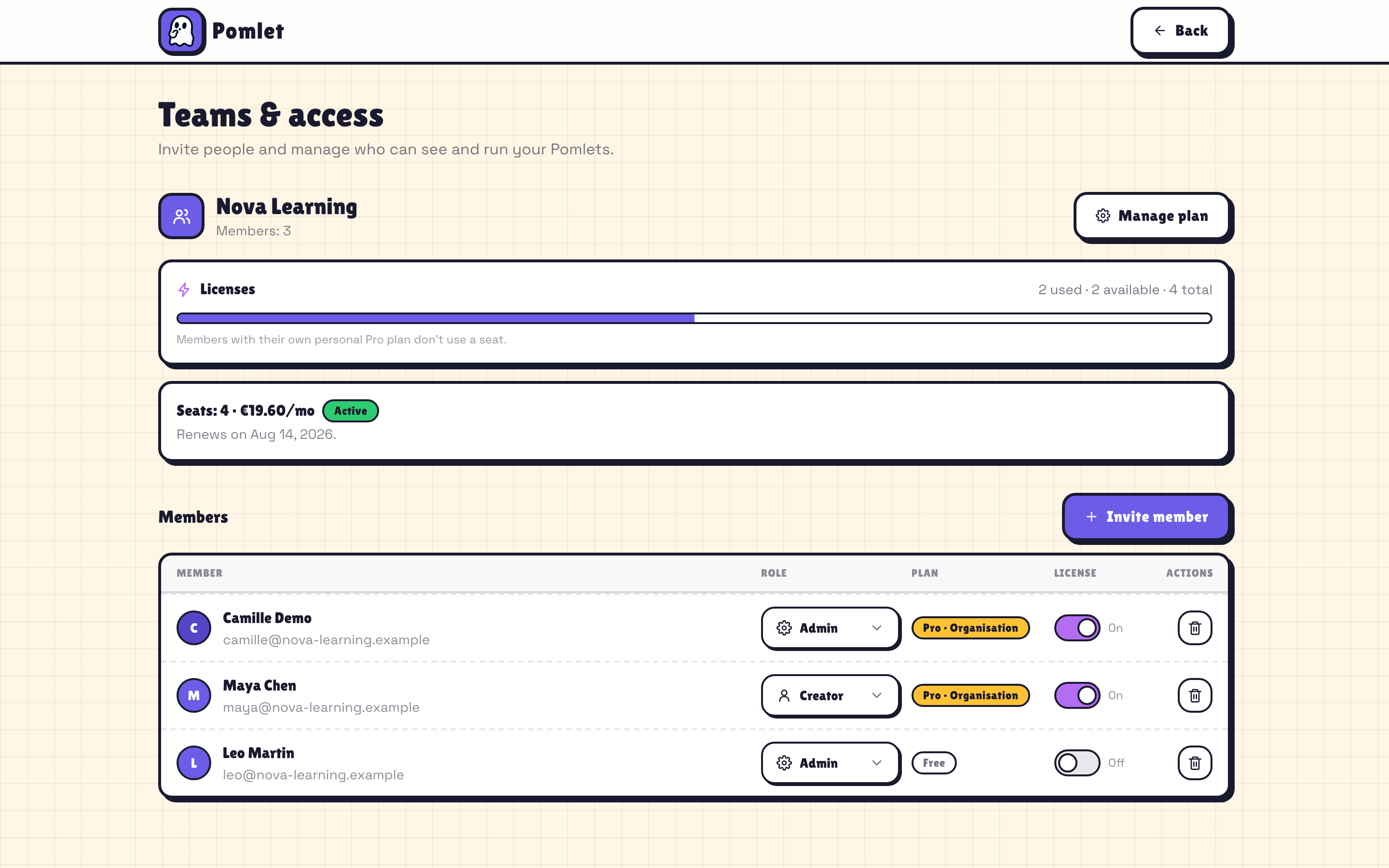 Pomlet Teams workspace with members, roles and seat billing