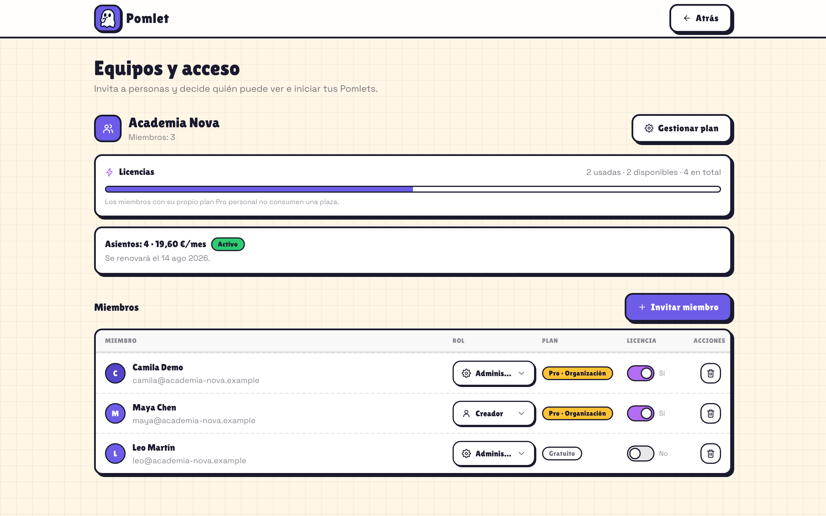 Espacio de Equipos de Pomlet con miembros, roles y facturación por asientos