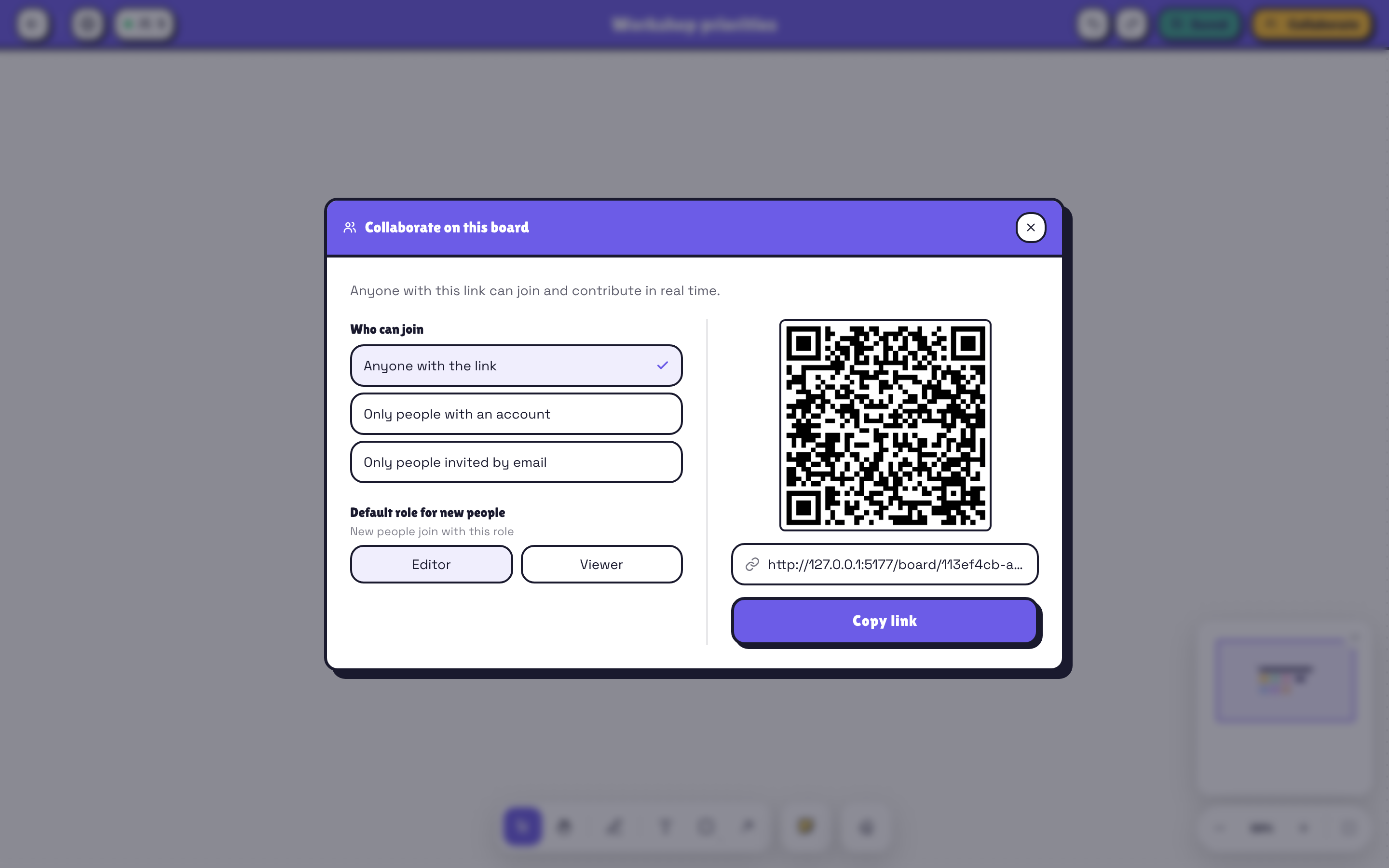 Pomlet whiteboard sharing panel with link, account, invitation and organization access