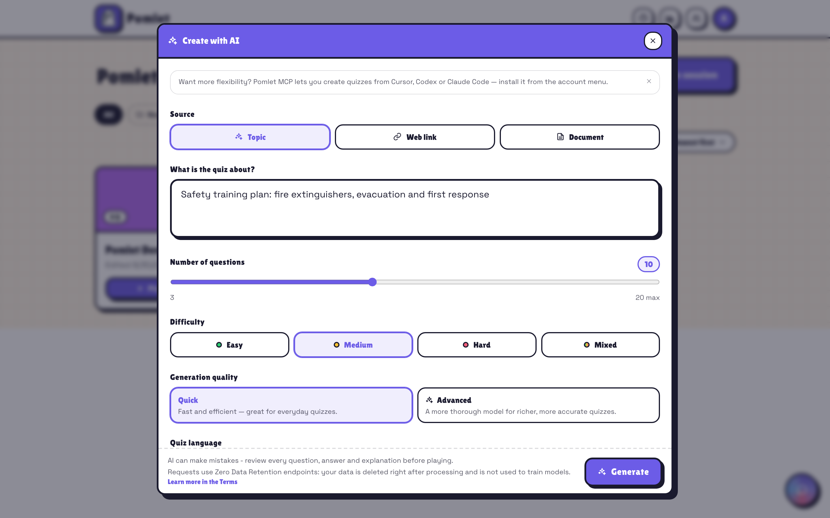 Pomlet AI quiz generation modal with a topic or document source