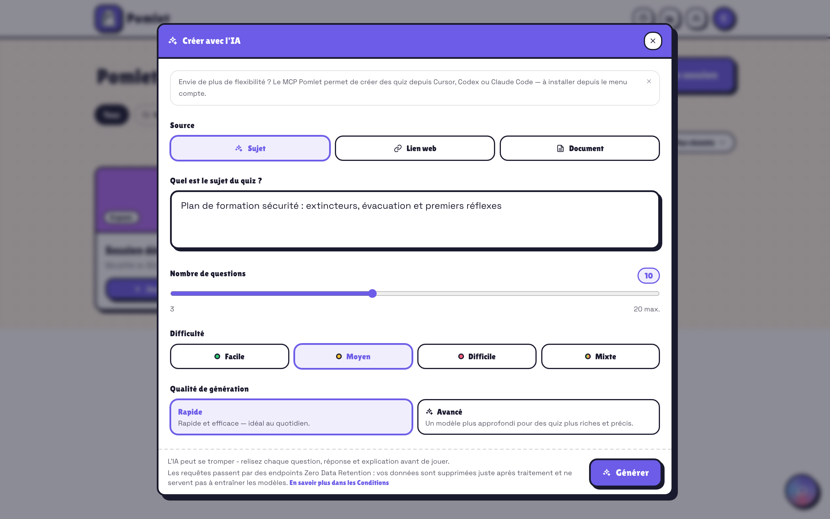 Interface de génération IA Pomlet avec un sujet ou un document source