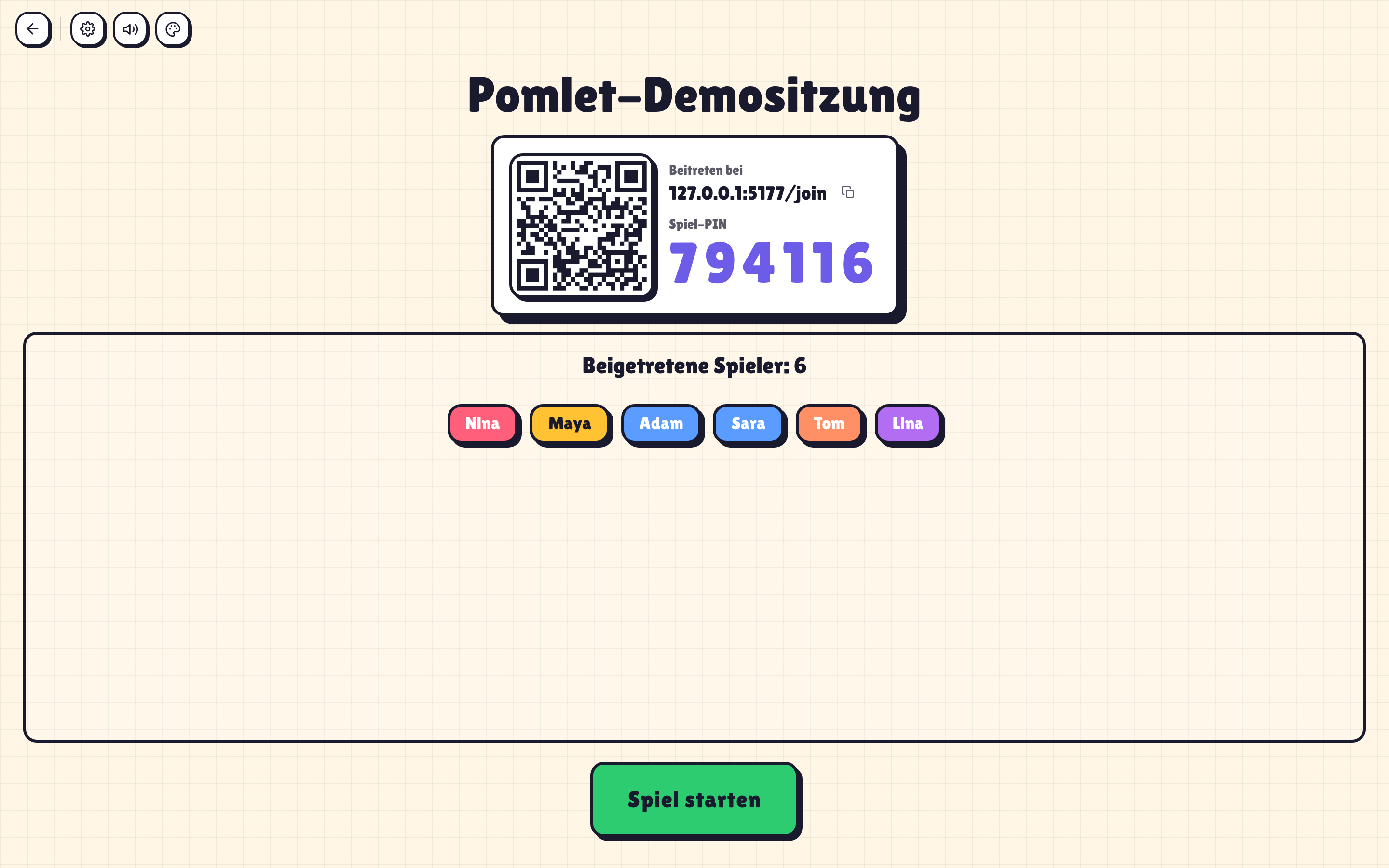 Pomlet-Hostlobby mit QR-Code, PIN und wartenden Spielern