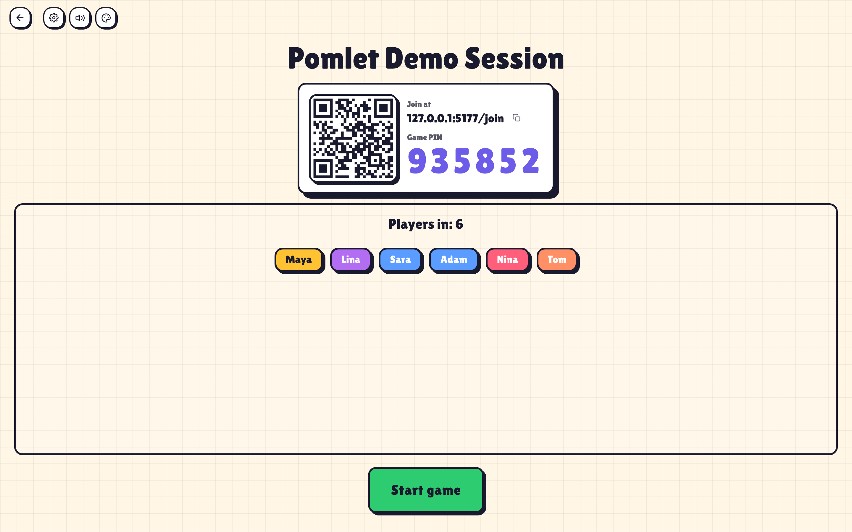 Pomlet host lobby with QR code, PIN and waiting players