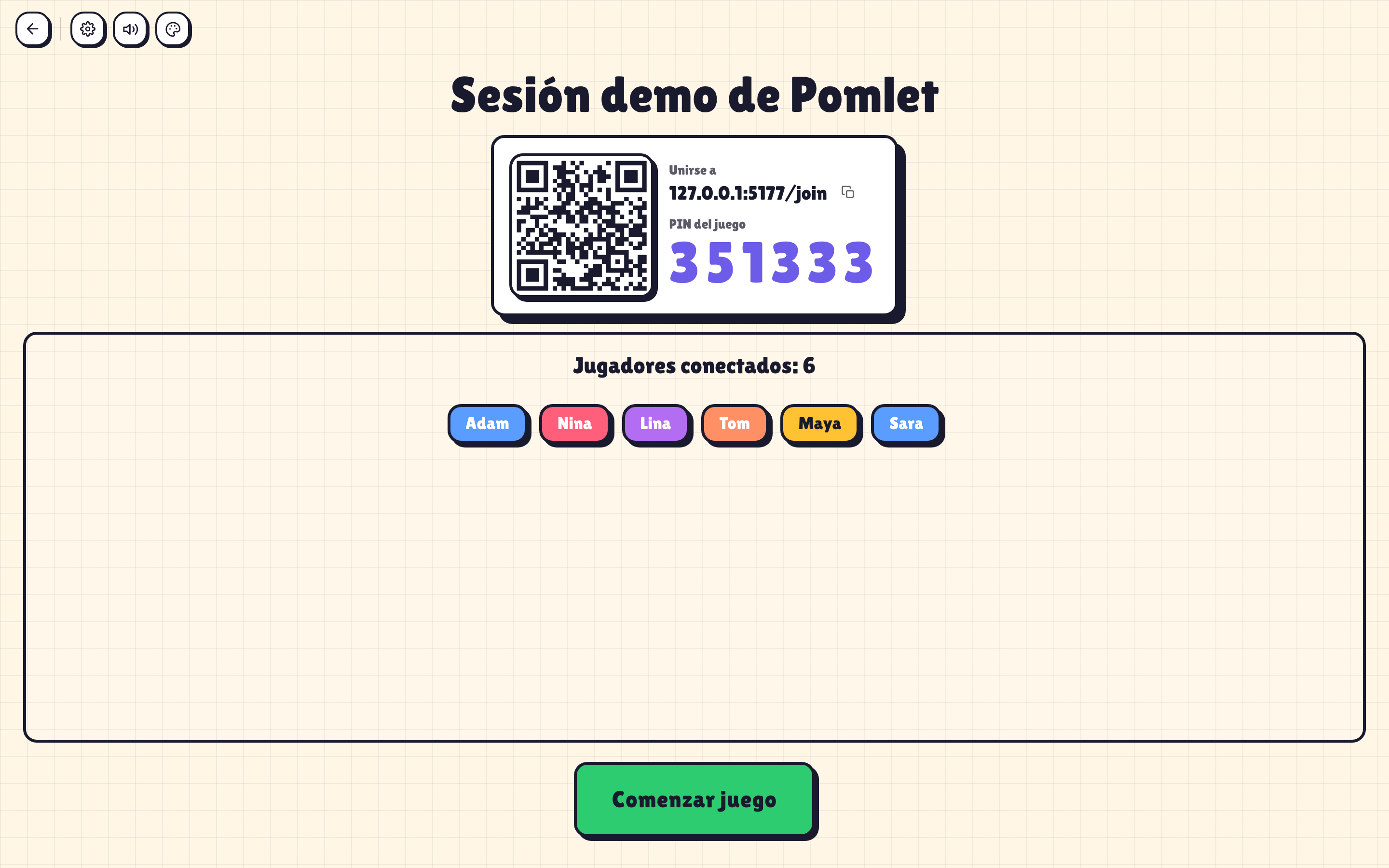 Sala de espera del anfitrión en Pomlet con código QR, PIN y jugadores esperando