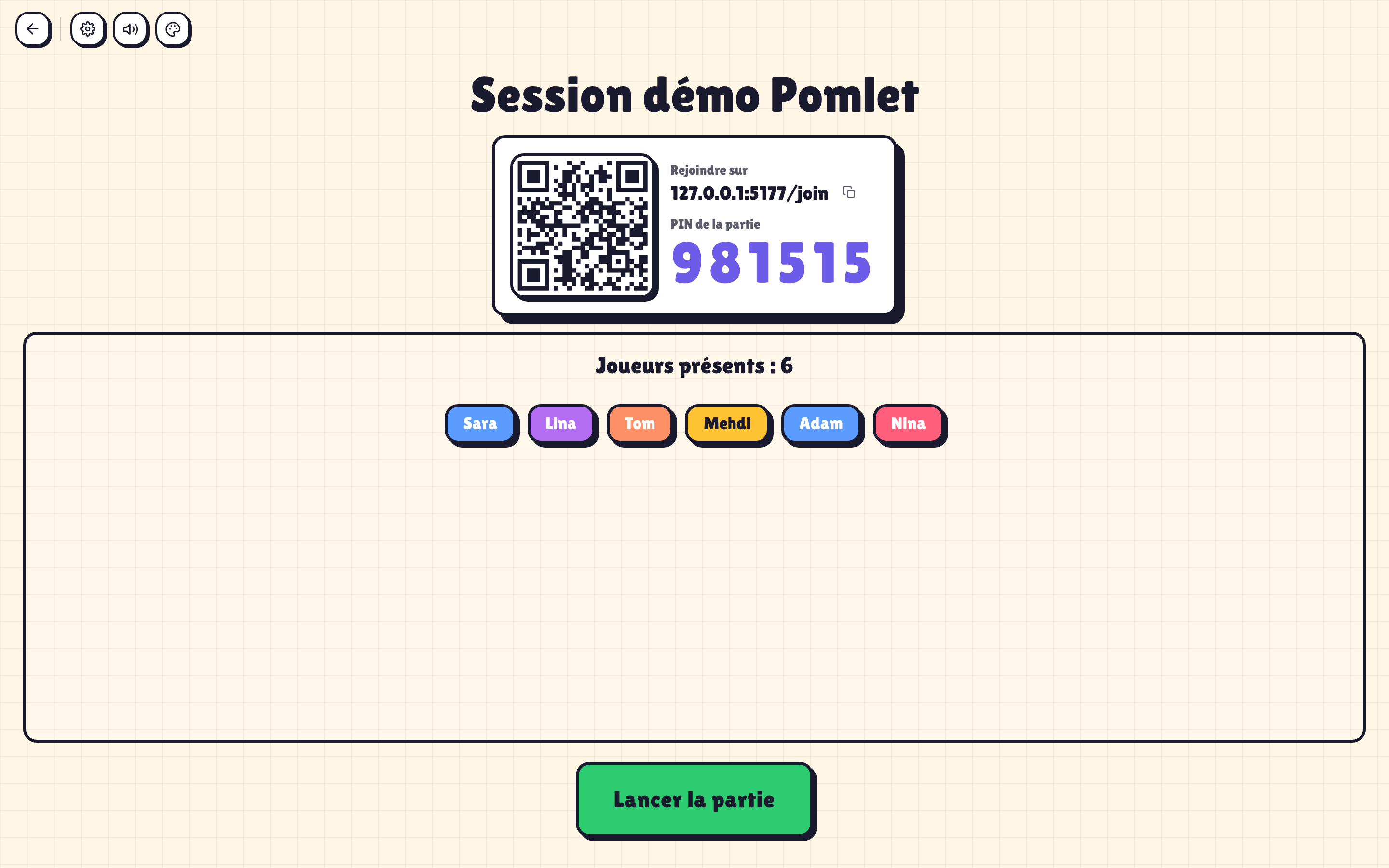 Salle d'attente animateur Pomlet avec QR code, PIN et joueurs