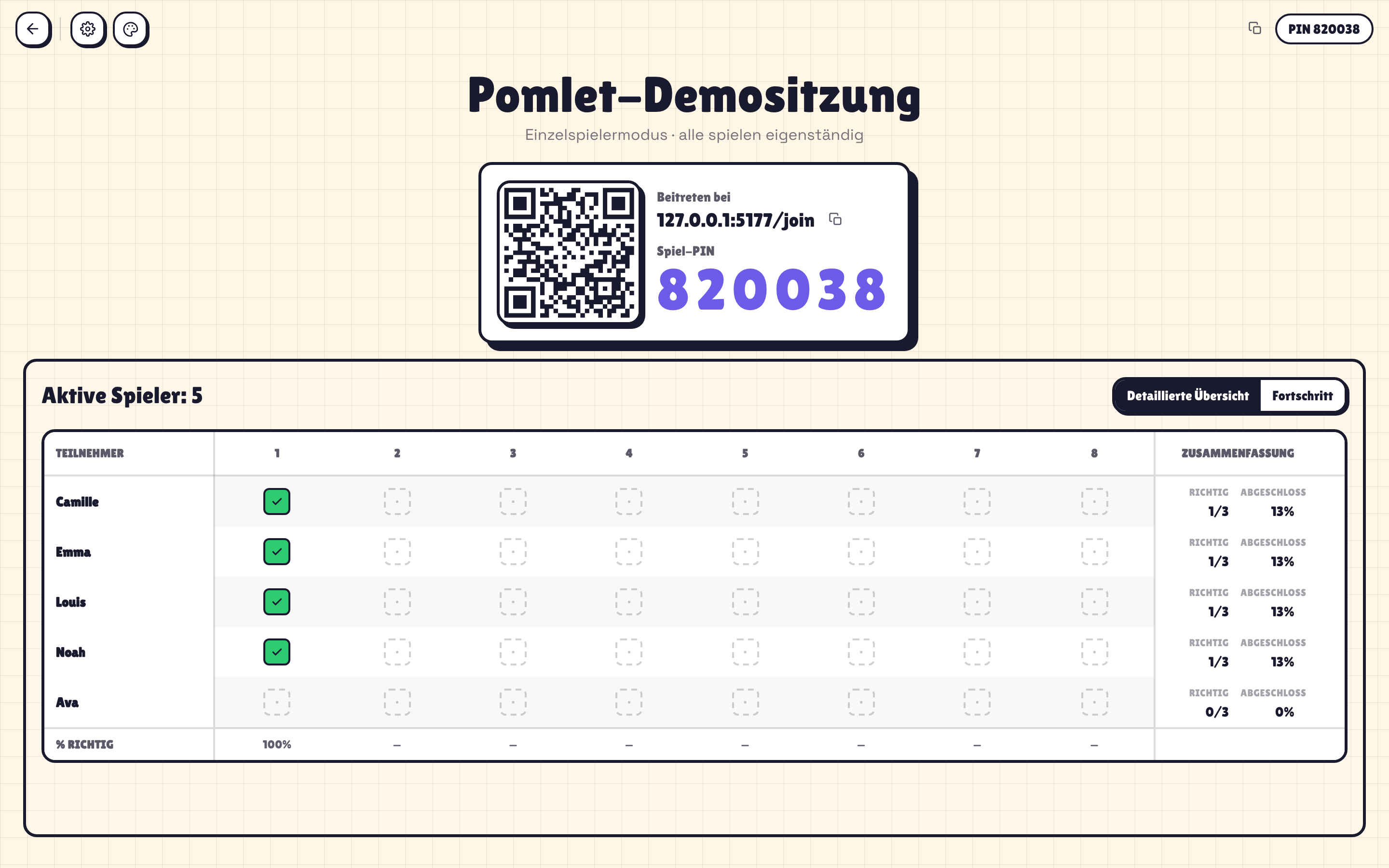 Pomlet-Host-Ansicht im Übungsmodus mit Spielerfortschritt