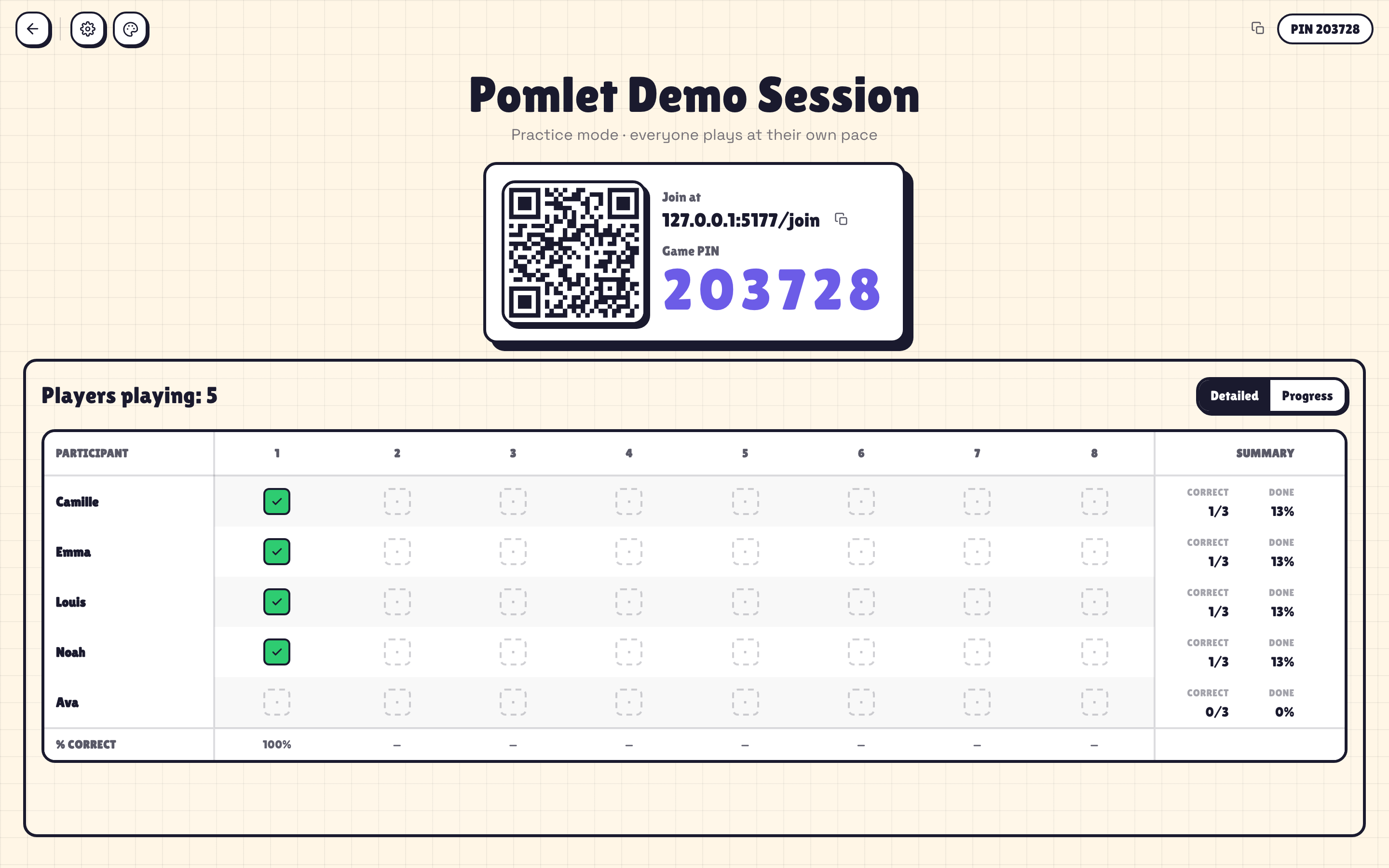 Pomlet practice mode host dashboard with player progress