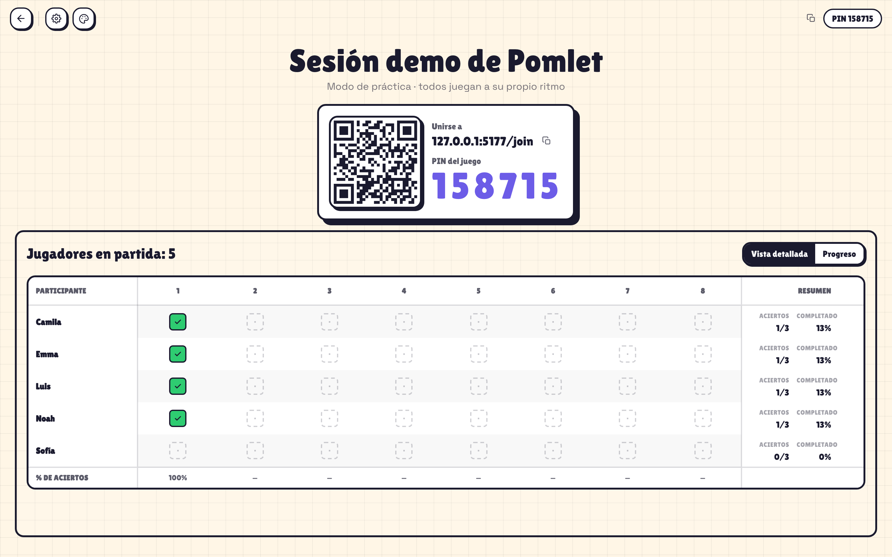 Panel del anfitrión del modo práctica de Pomlet con progreso de jugadores