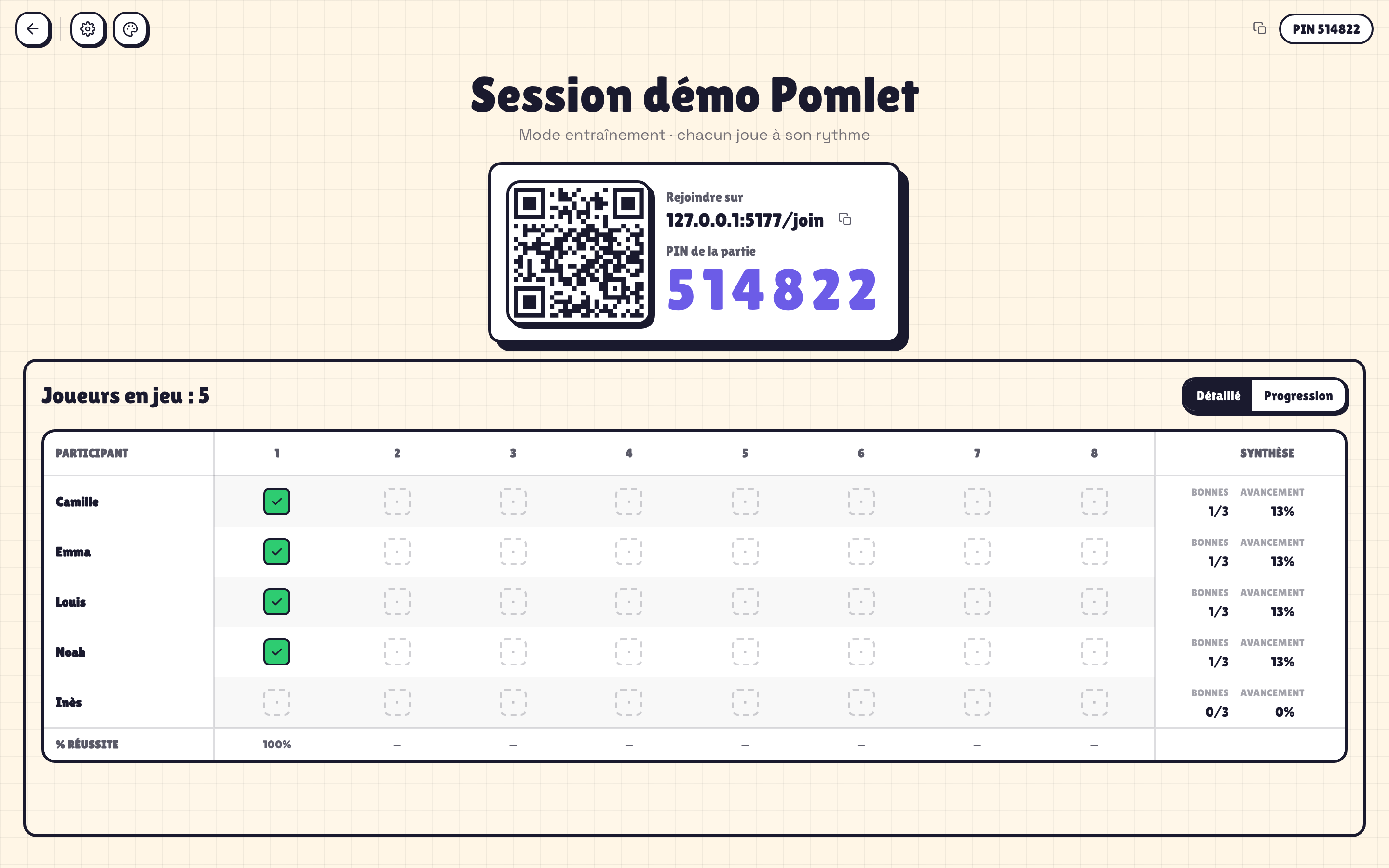 Tableau de suivi du mode entraînement Pomlet côté animateur