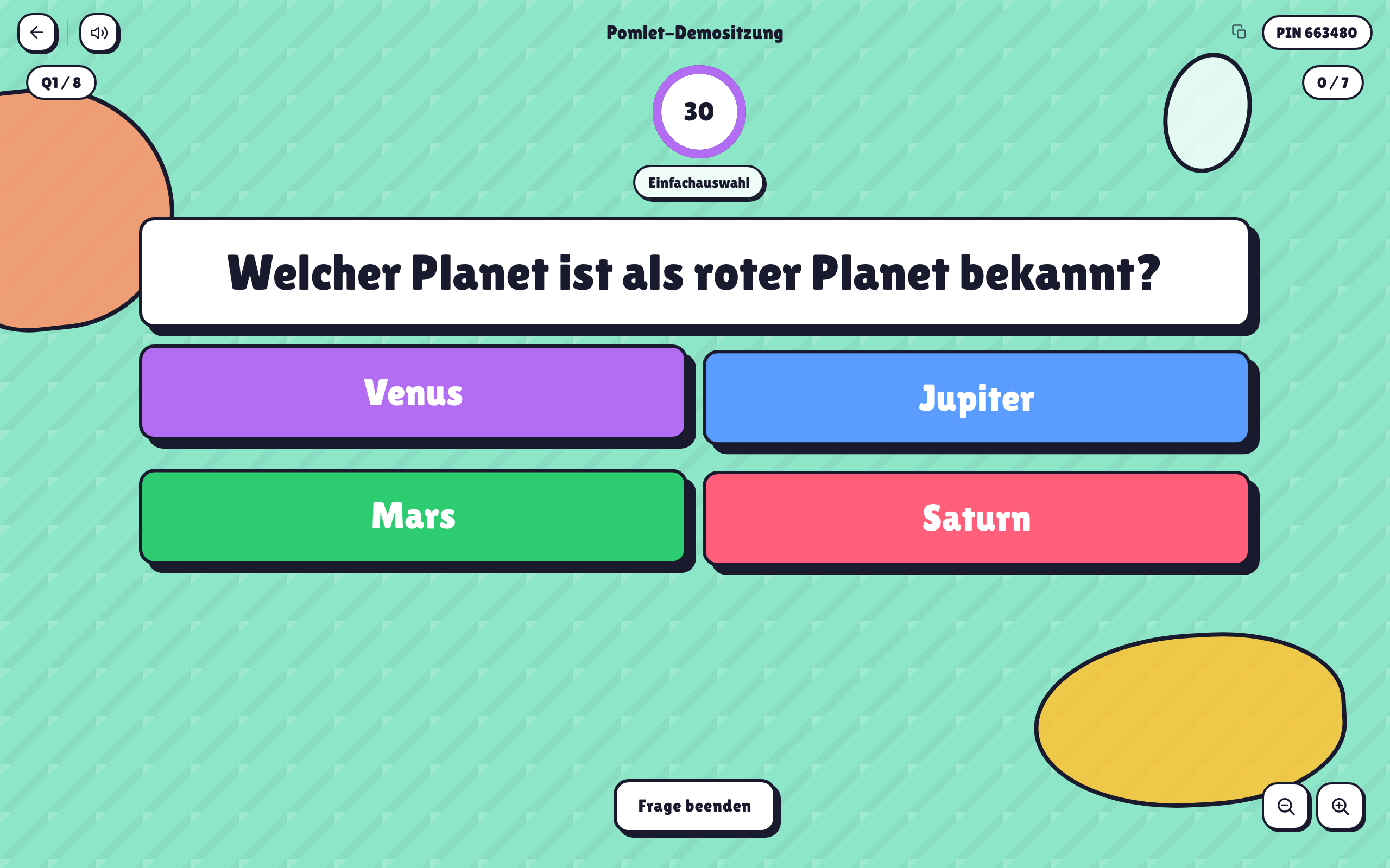 Pomlet-Host-Ansicht während einer Live-Frage mit Timer und Antwortoptionen