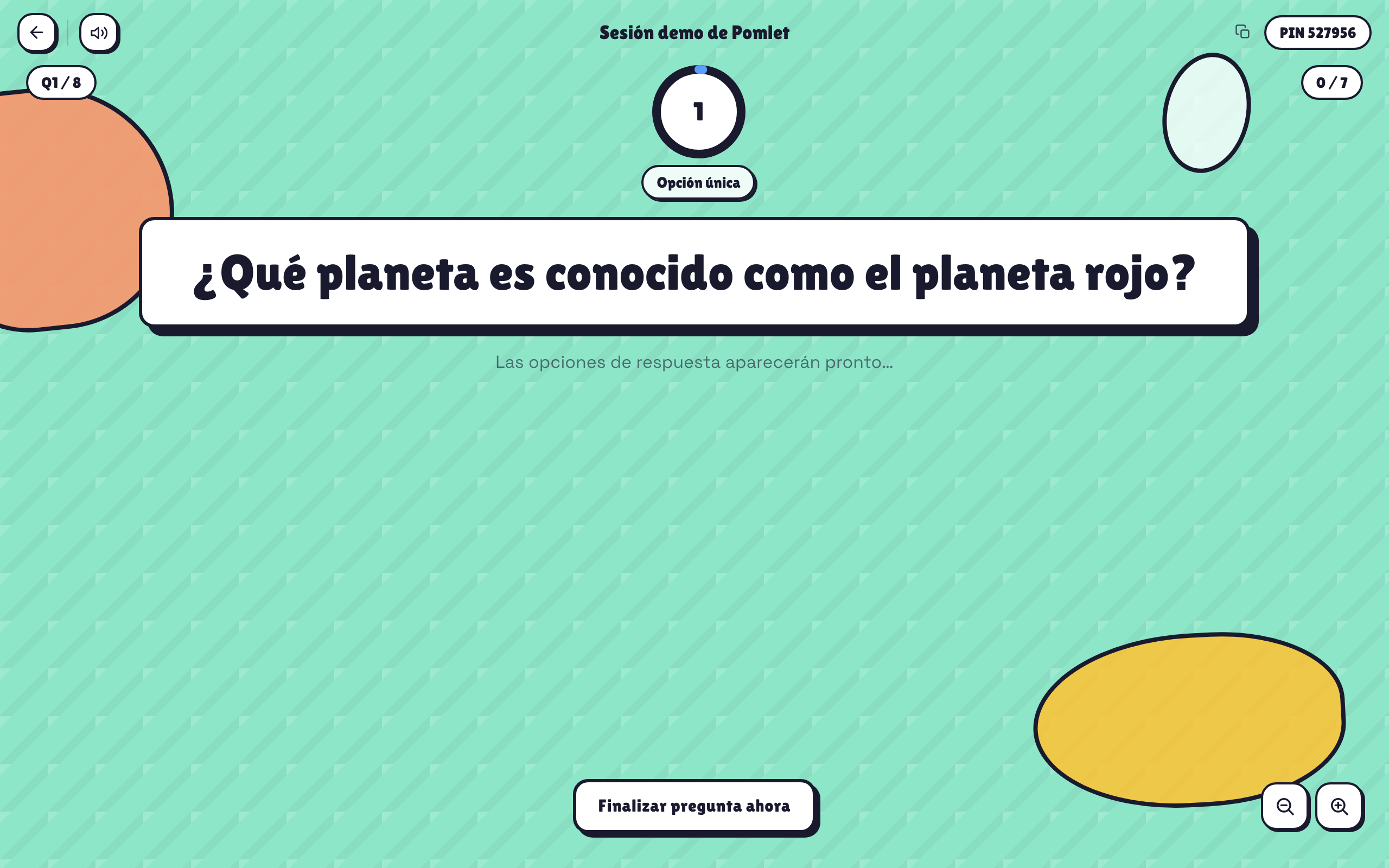 Vista del anfitrión de Pomlet durante una pregunta en directo con temporizador y opciones de respuesta