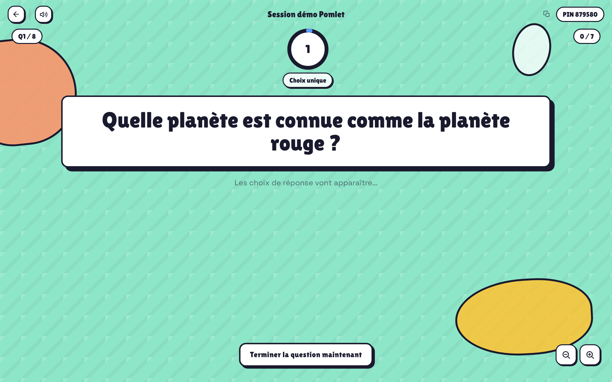 Vue animateur Pomlet pendant une question en direct avec minuteur et réponses