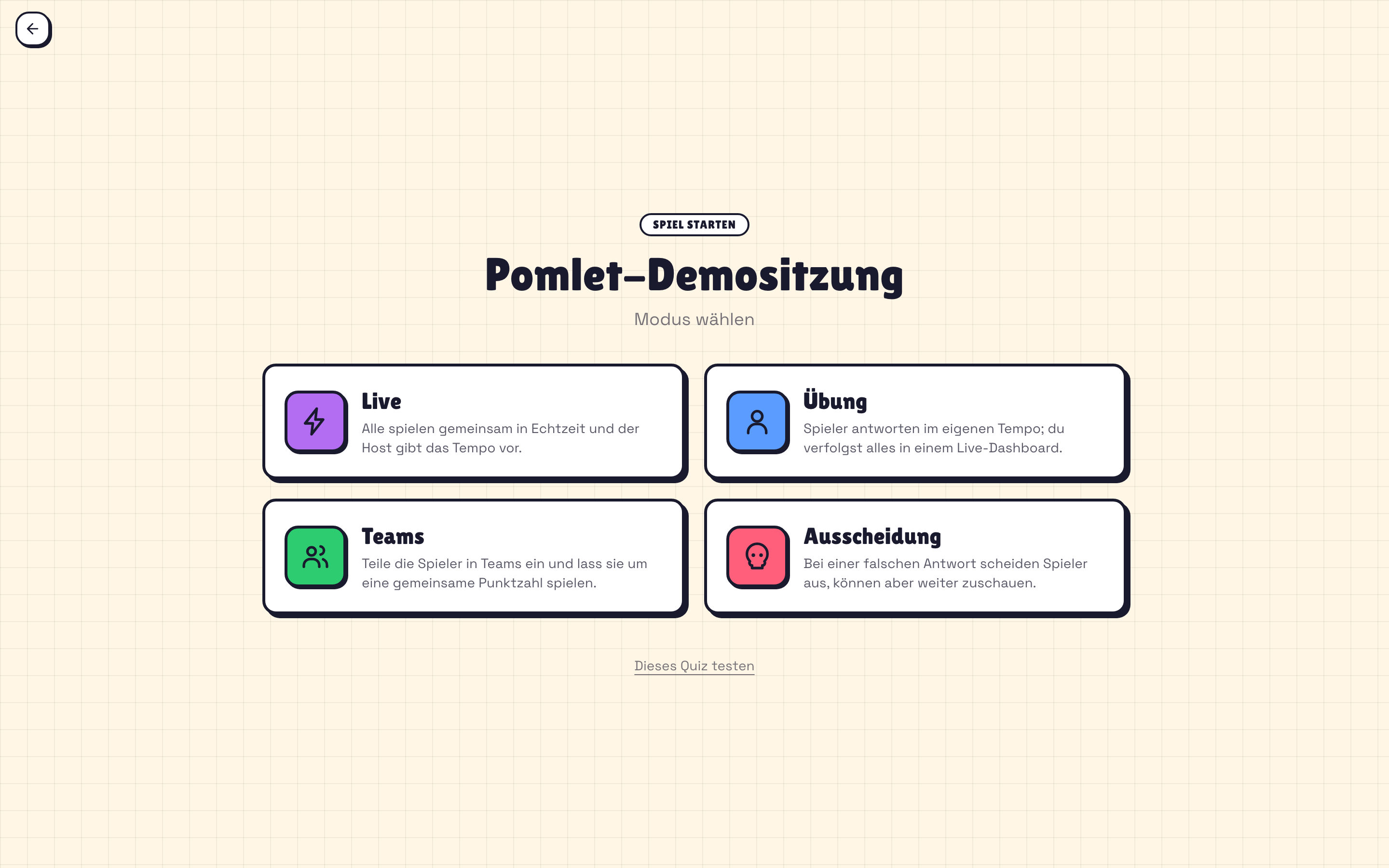 Pomlet-Auswahl der Spielmodi mit Live, Übung, Teams und Eliminierung