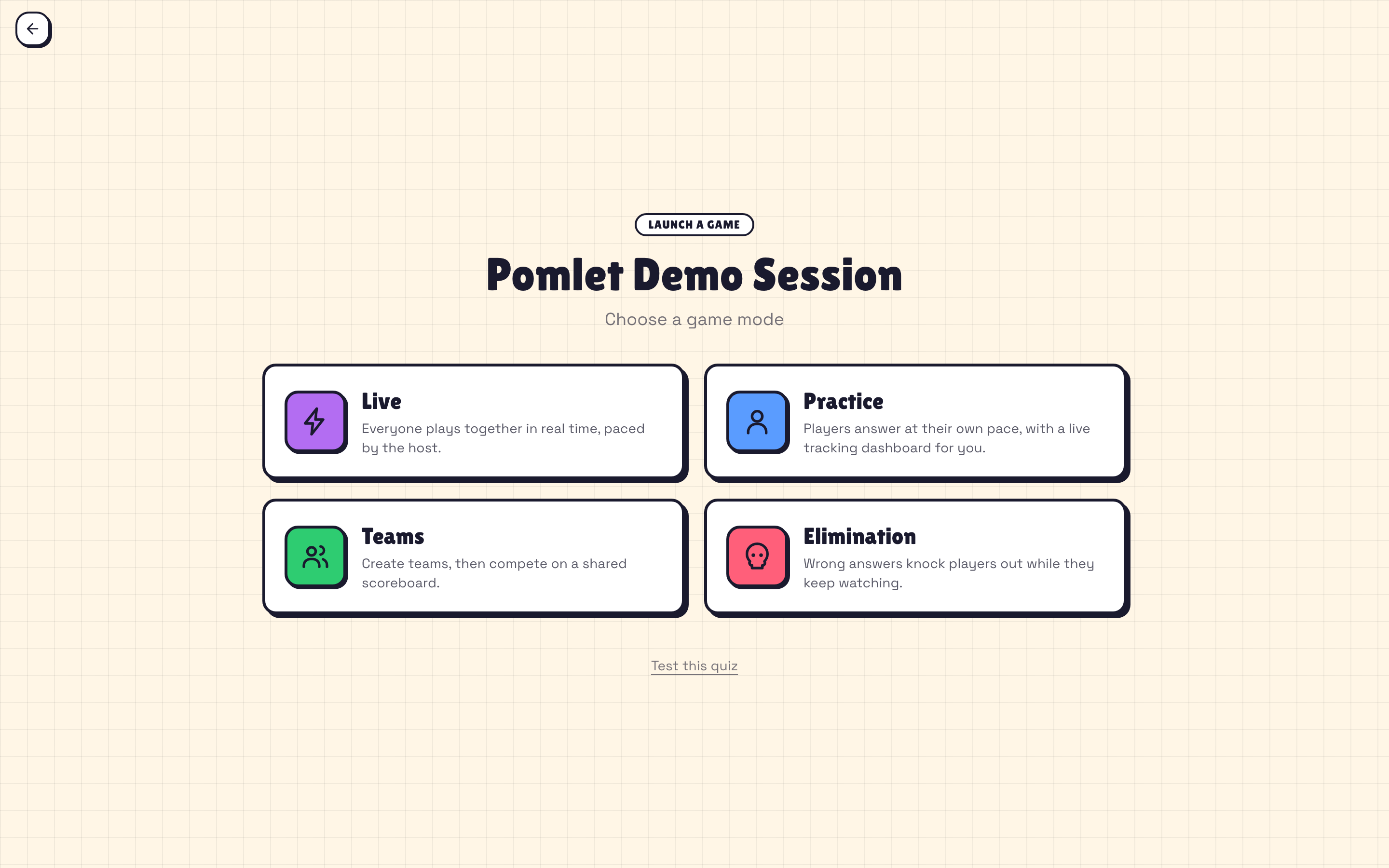 Pomlet game mode picker with Live, Practice, Teams and Elimination