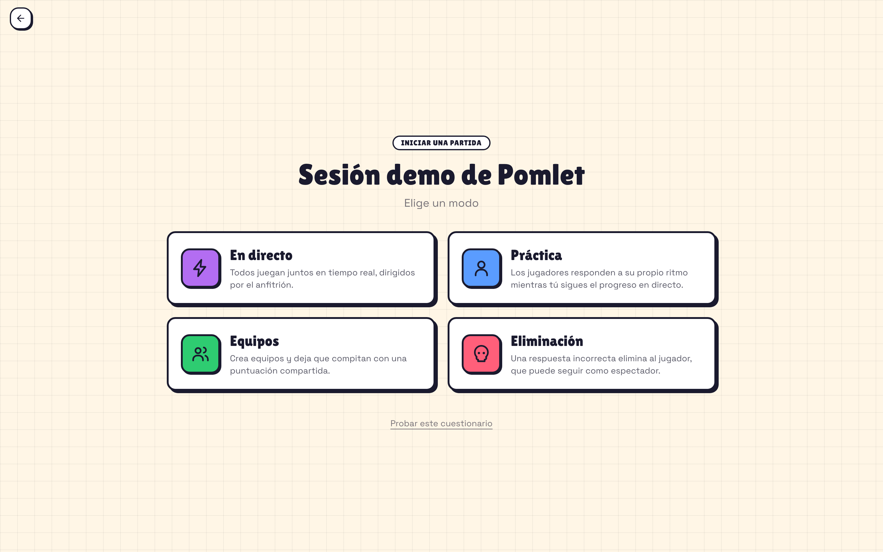 Selector de modo de juego de Pomlet con Directo, Práctica, Equipos y Eliminación