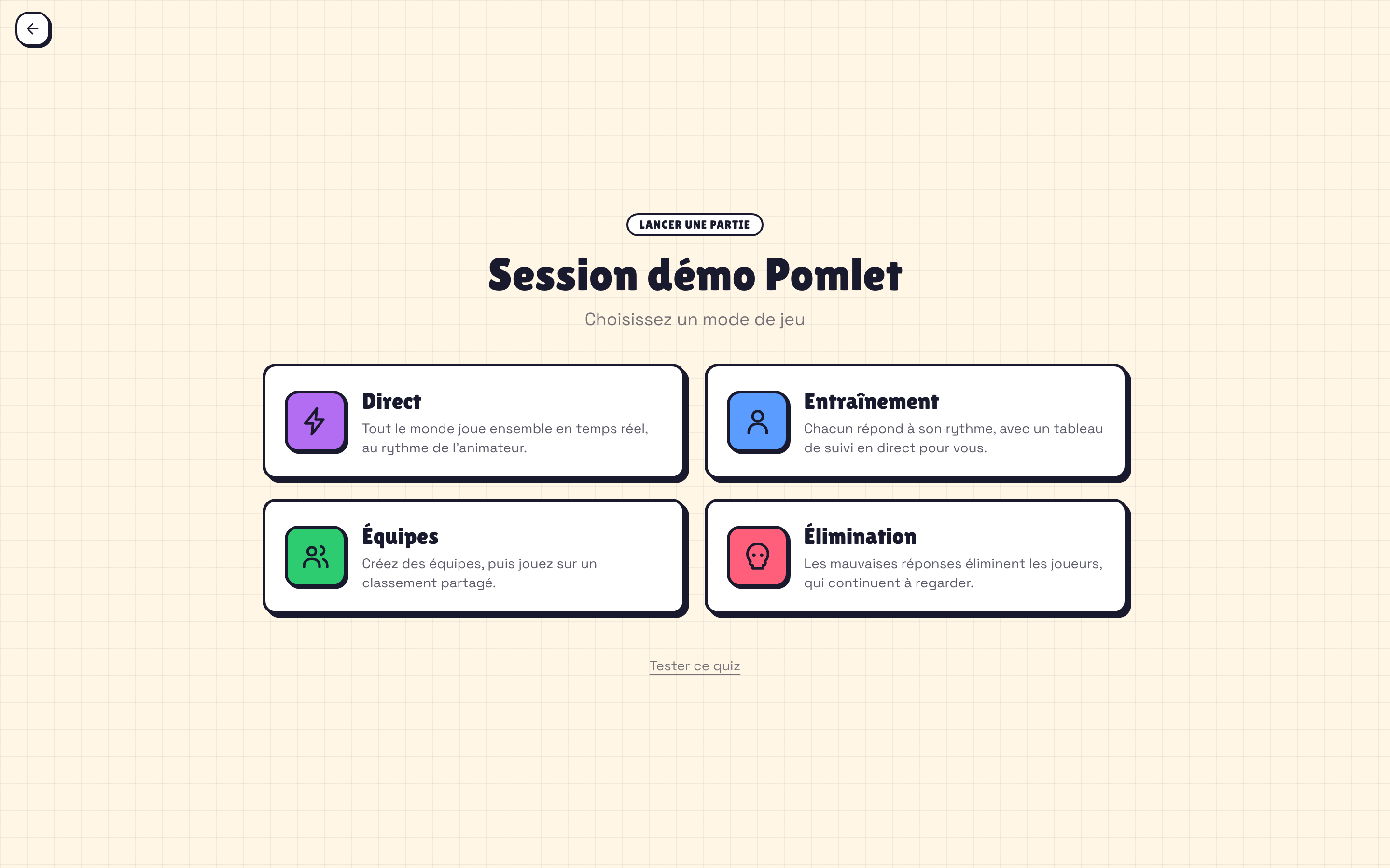 Choix du mode de jeu Pomlet : Direct, Entraînement, Équipes et Élimination