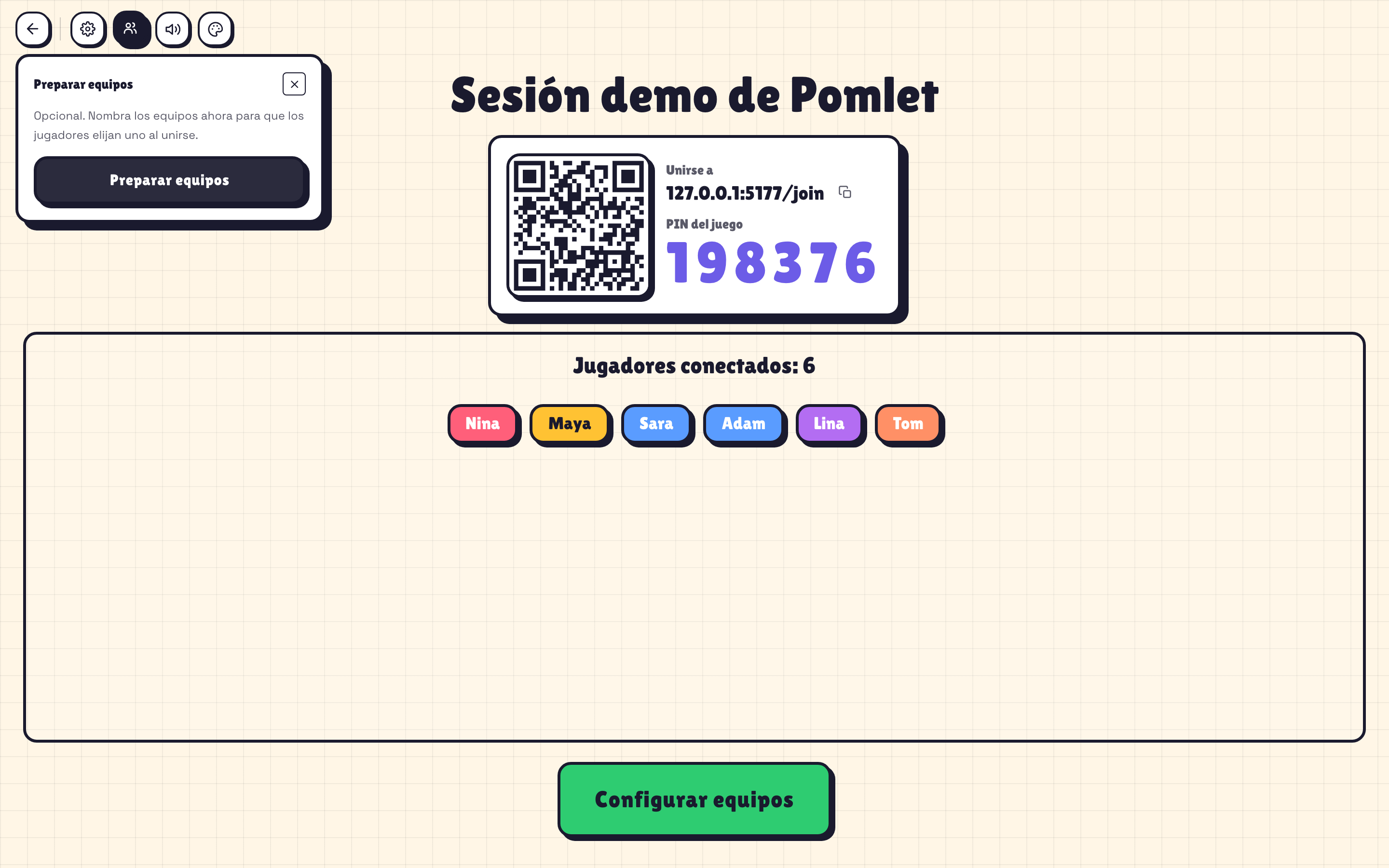 Configuración del modo equipos de Pomlet con jugadores agrupados por equipo