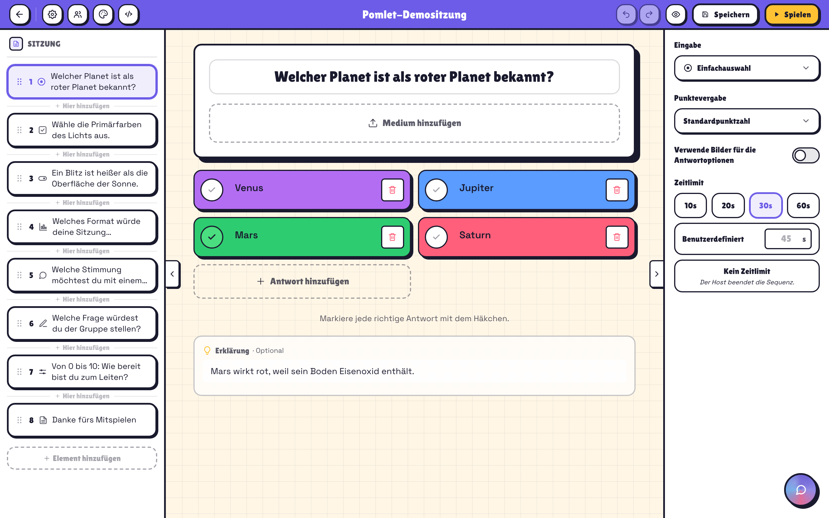 Pomlet Session-Editor mit Quizzen, Umfragen, Brainstormings, Folien und Whiteboards