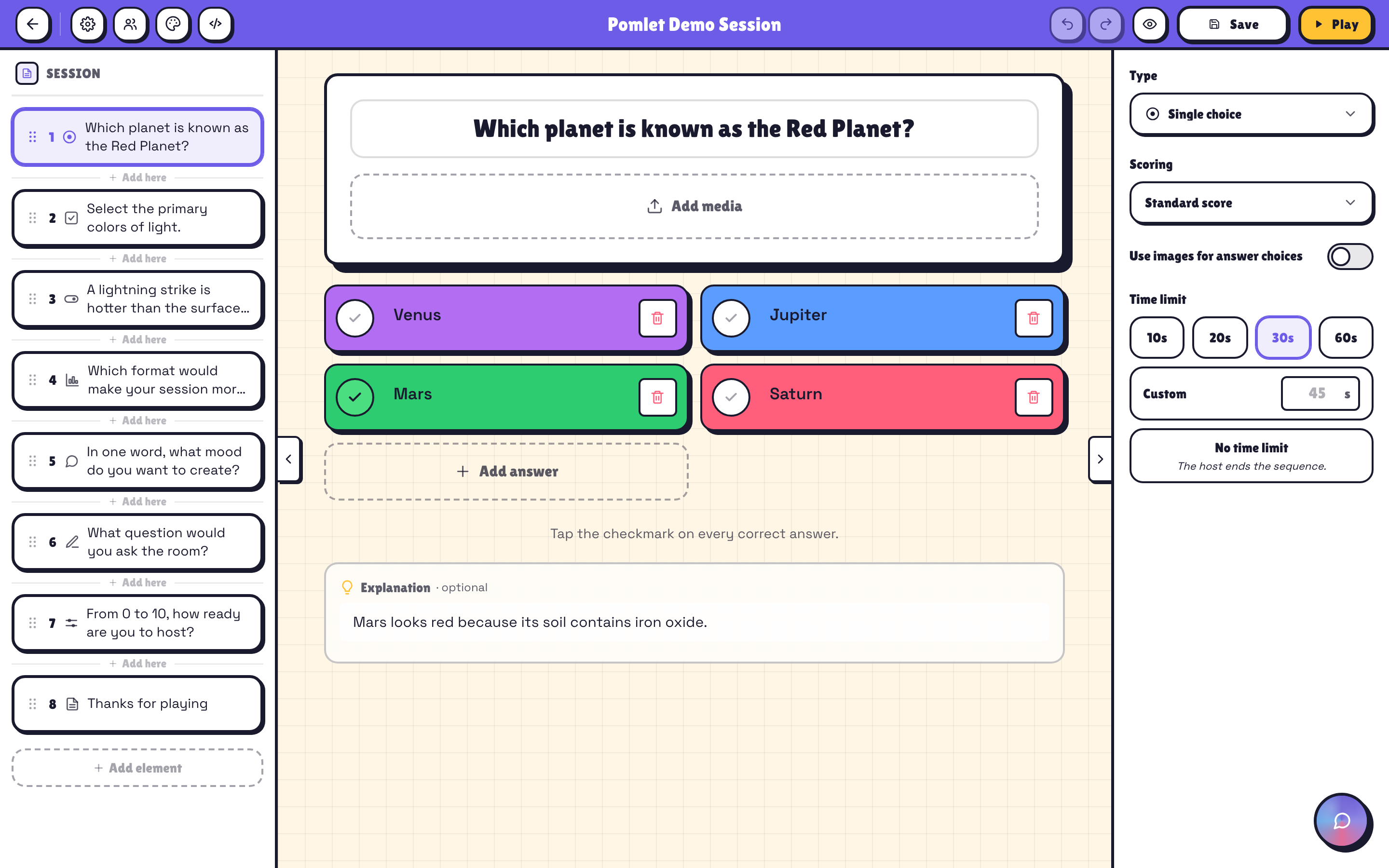 Pomlet Session editor with quizzes, polls, brainstorms, slides and whiteboards