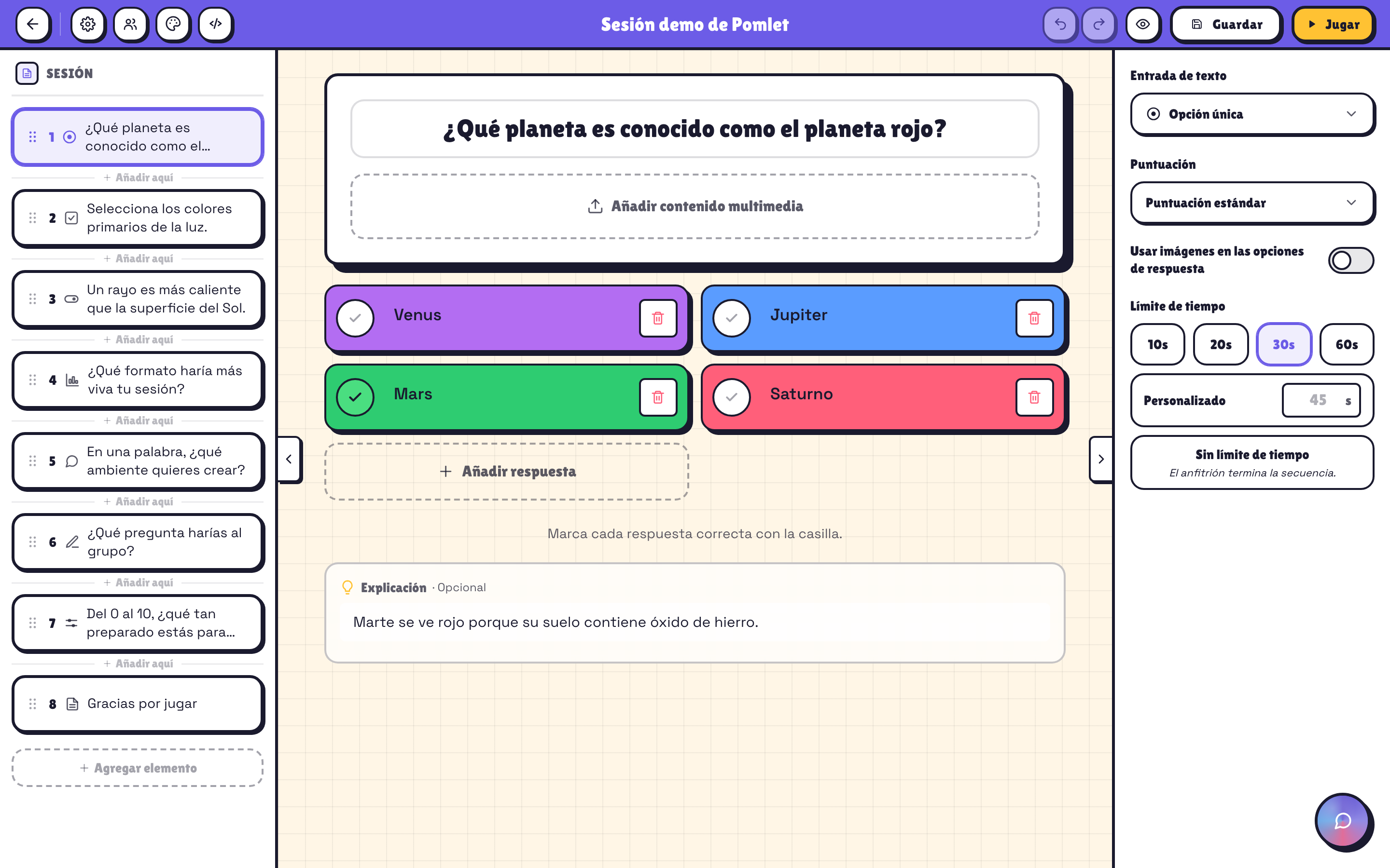 Editor de Sesiones Pomlet con cuestionarios, encuestas, lluvias de ideas, diapositivas y pizarras