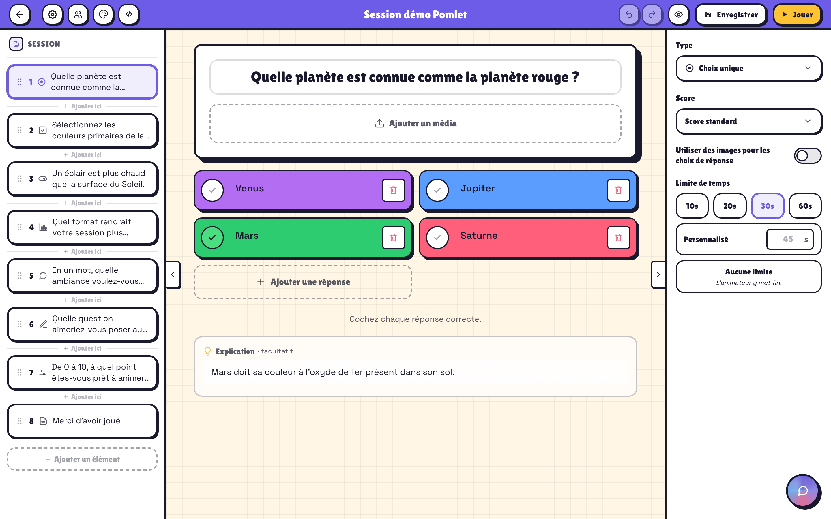 Éditeur de Session Pomlet avec quiz, sondages, brainstormings, diapositives et tableaux blancs