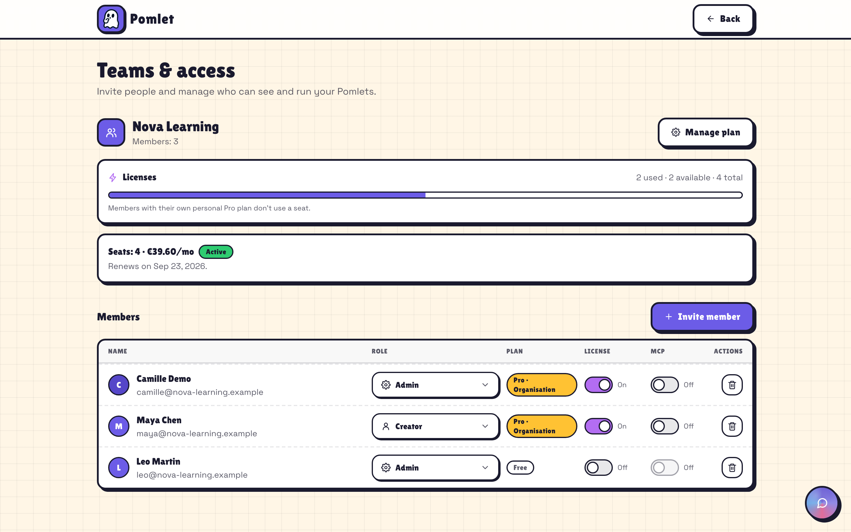 Pomlet Teams workspace with members, roles and licence billing