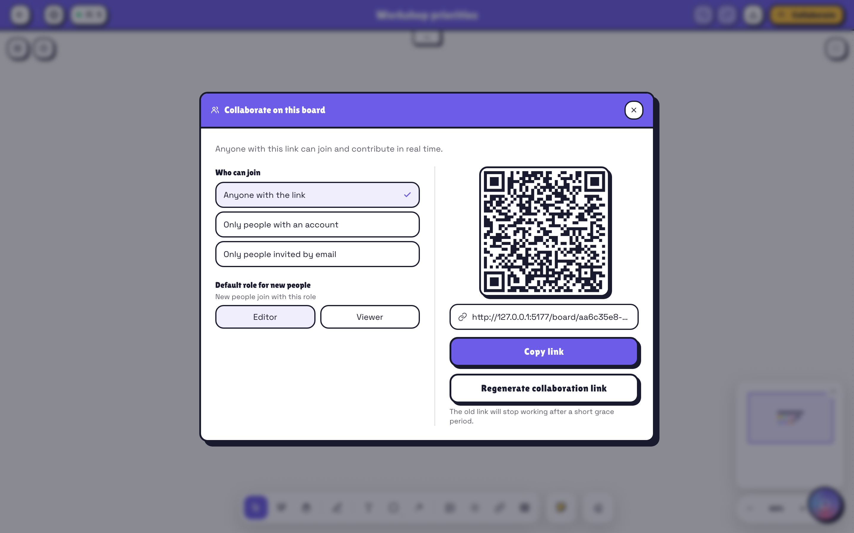 Pomlet whiteboard sharing panel with link, account, invitation and organization access