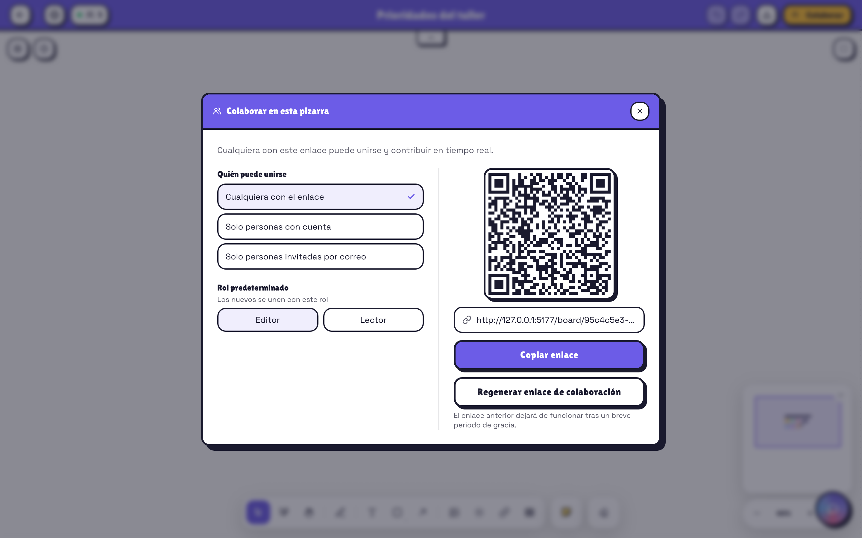 Panel para compartir una pizarra Pomlet por enlace, cuenta, invitación u organización